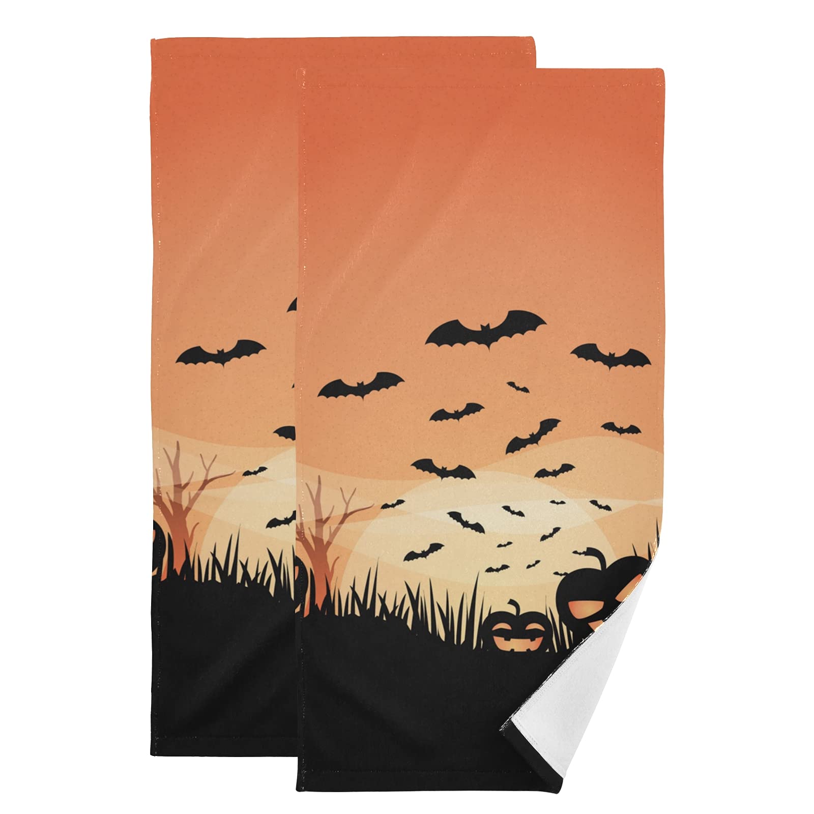 Halloween Spooky Pumpkin & Bat Absorbent Hand Towels - 2-Pack Soft Face & Fingertip Guest Towels (28x14 Inches) for Bathroom, Kitchen, Gym, Yoga - Perfect for Halloween Decor & Guest Hand Washing