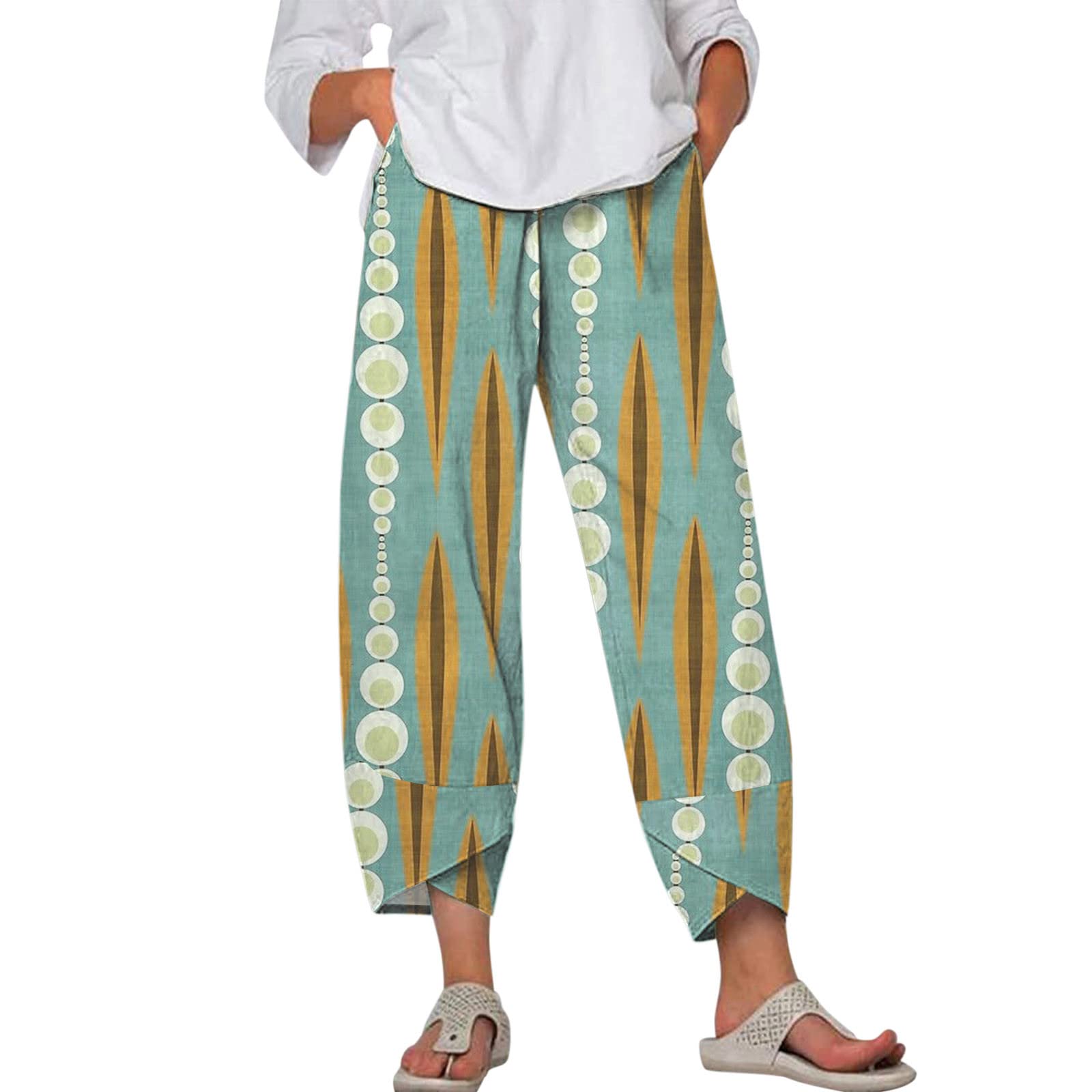 Women's Floral Printed Cotton Linen Wide Leg Palazzo Pants - High Waisted Loose Harem Pants with Pockets - Summer Beach Vacation, Yoga, Casual Outfit