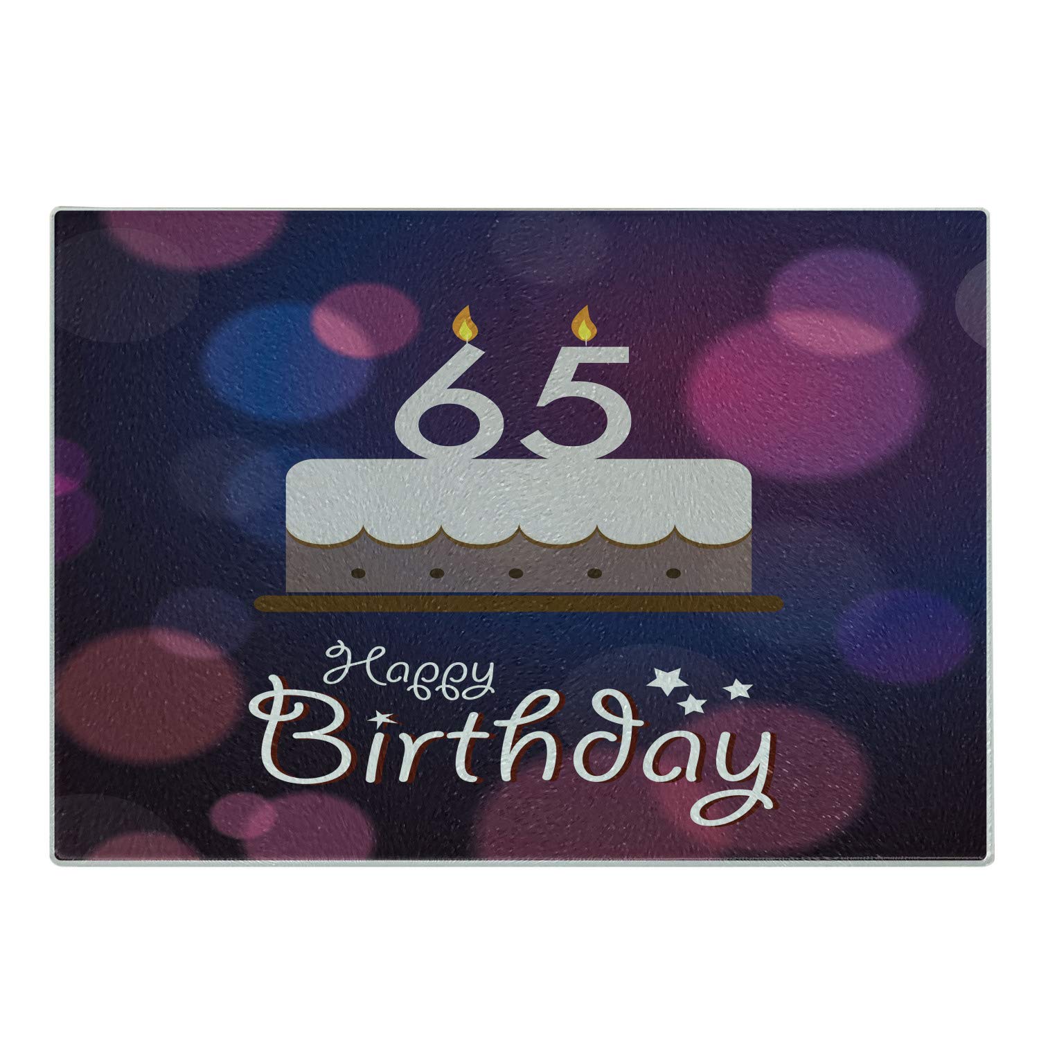 Ambesonne 65th Birthday Cutting Board - Decorative Tempered Glass Serving Tray with Cake & Calligraphy Design - Small Size in Blue, Pink & White - Perfect for Birthday Celebrations, Anniversary Gifts & Kitchen Decor