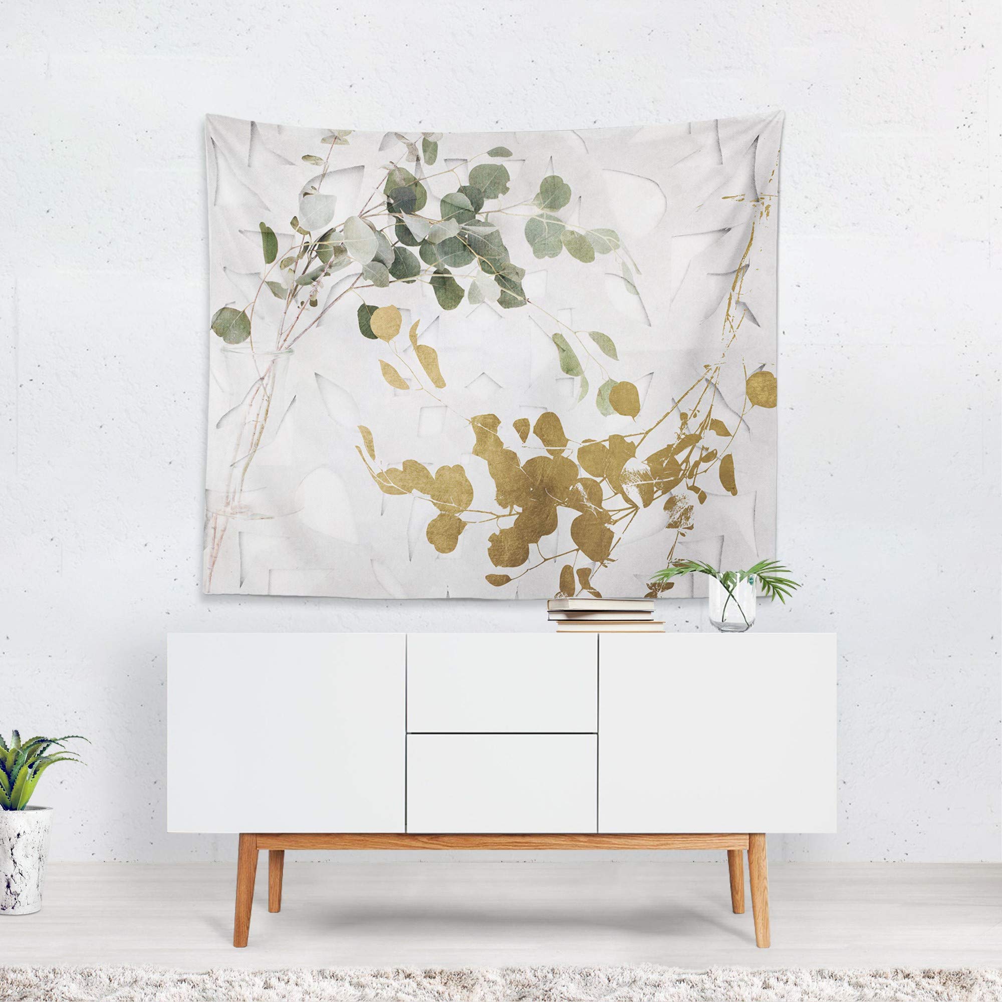 Golden Leaves Floral Botanical Tapestry Wall Art - 80x68 Inch Large Home Decor by Oliver Gal Artist Co. | Elegant Gold & Green Design for Living Room, Bedroom, or Dorm Wall Hanging