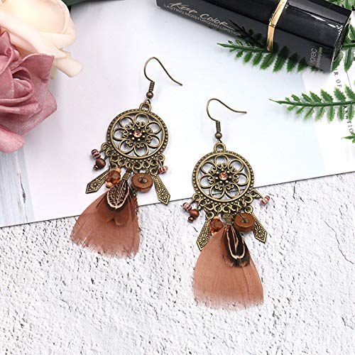 Bohemian Feather Earrings for Women - Retro Round Hollow Dangle Earrings - Exaggerated Fashion Jewelry Accessories for Parties, Festivals & Boho Outfits