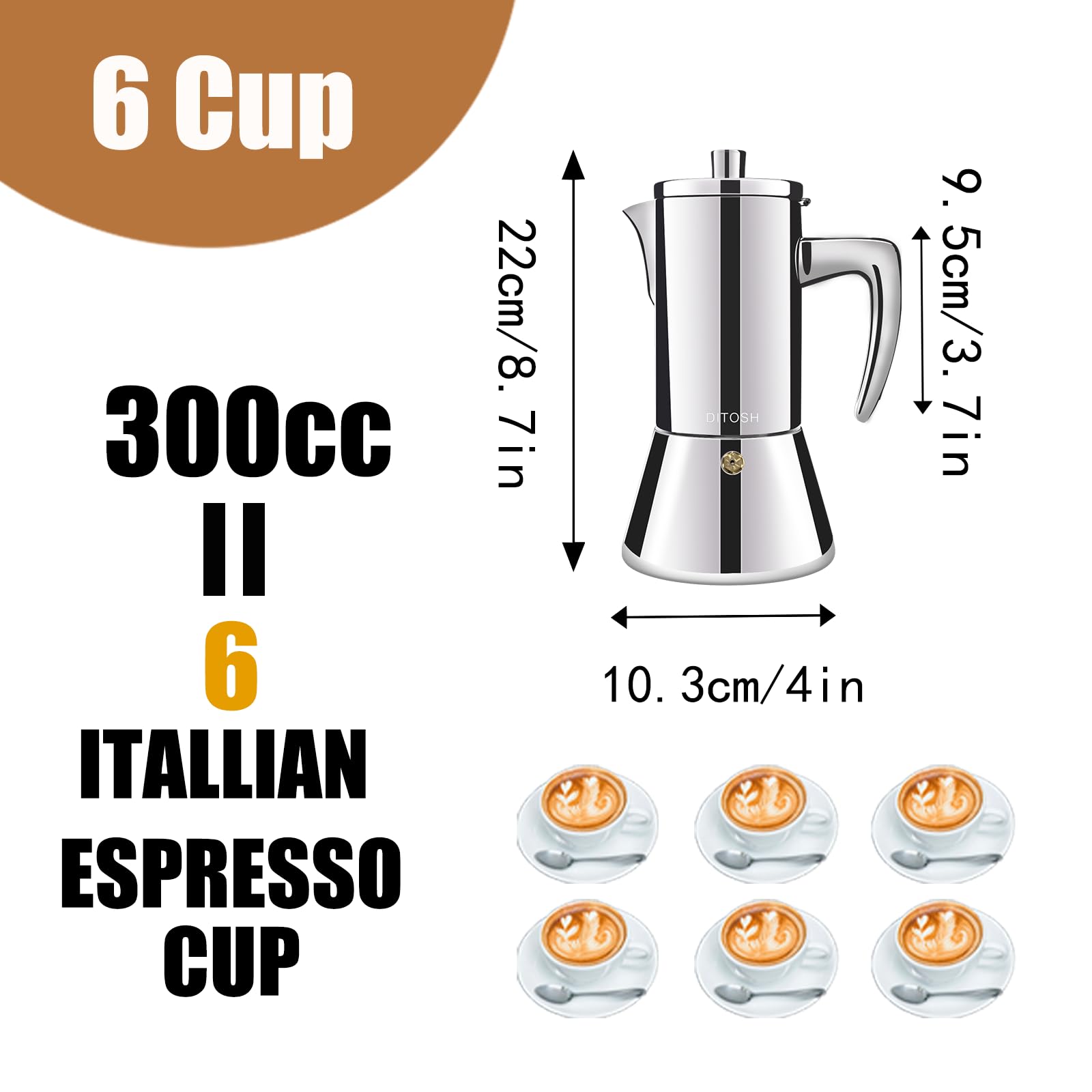 6-Cup 304 Stainless Steel Moka Pot - Stovetop Espresso Maker for Home & Camping