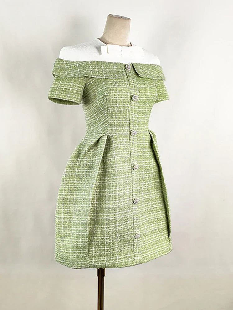 DEAT Women's Patchwork Tweed Dress - Fashion Contrast Color Single Breasted High Waist Elegant Dress for Women | Perfect for Office Wear, Cocktail Parties & Special Occasions
