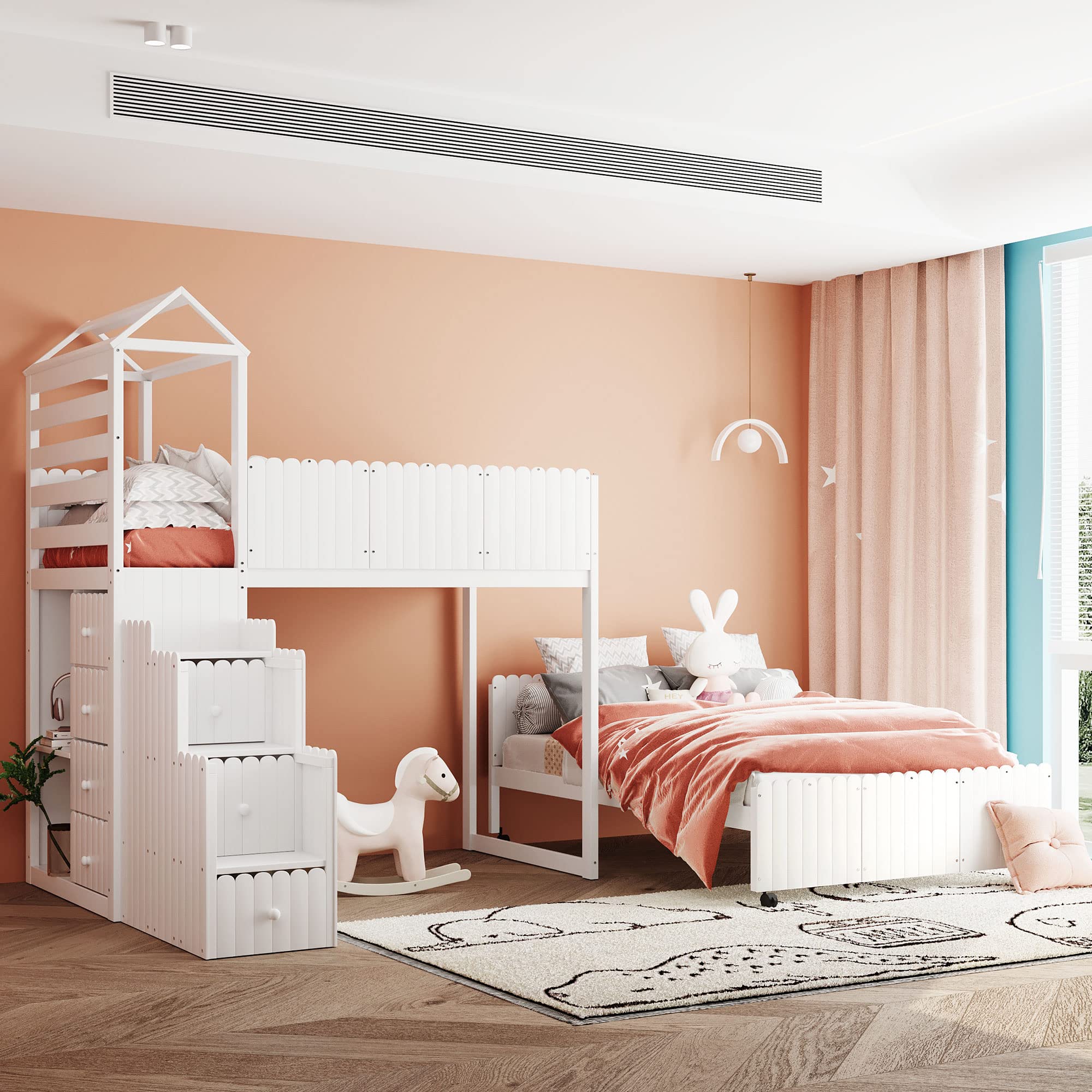 Twin Over Full Bunk Bed with 2 Shelves & 7 Drawers - Solid Wood Kids Bunk Bed for Boys & Girls - Space-Saving Cabin Bed with Separate Platform - Perfect for Small Bedrooms, Shared Kids Rooms & Vacation Homes (White)