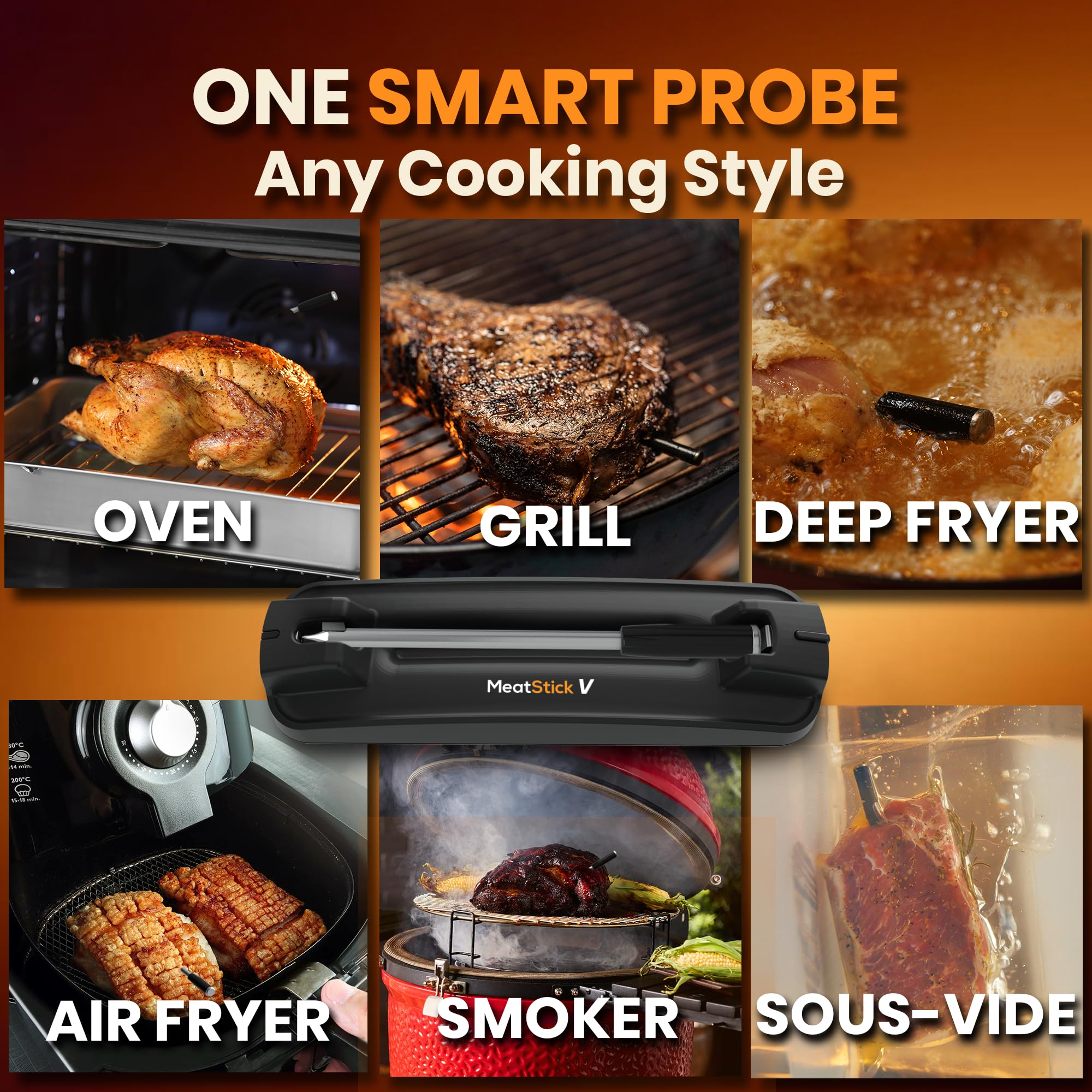 MeatStick V Wireless Meat Thermometer - 1200°F Heat Resistant Smart Digital Probe with WiFi & Bluetooth for Grilling, Smoking, BBQ, Sous Vide | Perfect for Kitchen Cooking, Oven, Air Fryer & Smoker | Ideal for Backyard BBQs, Camping & Holiday Meals