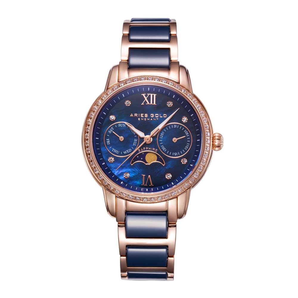 ARIES GOLD ENCHANT LUNA Rose Gold Stainless Steel Women's Watch with Blue Ceramic Bezel - Elegant Dress Watch for Women, Perfect for Office, Party & Special Occasions