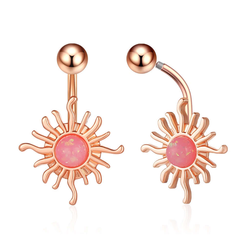 Pink Opal Sun Belly Rings - WH2607 | Dainty Navel Piercing Jewelry for Women, Belly Button Rings for Summer Outfits & Beach Wear