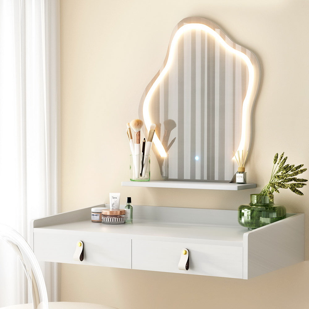 Floating Dressing Table with LED Lights - Modern White Daphne Vanity Desk for Makeup & Skincare | Perfect for Bedroom, Bathroom, and Dorm Room Organization