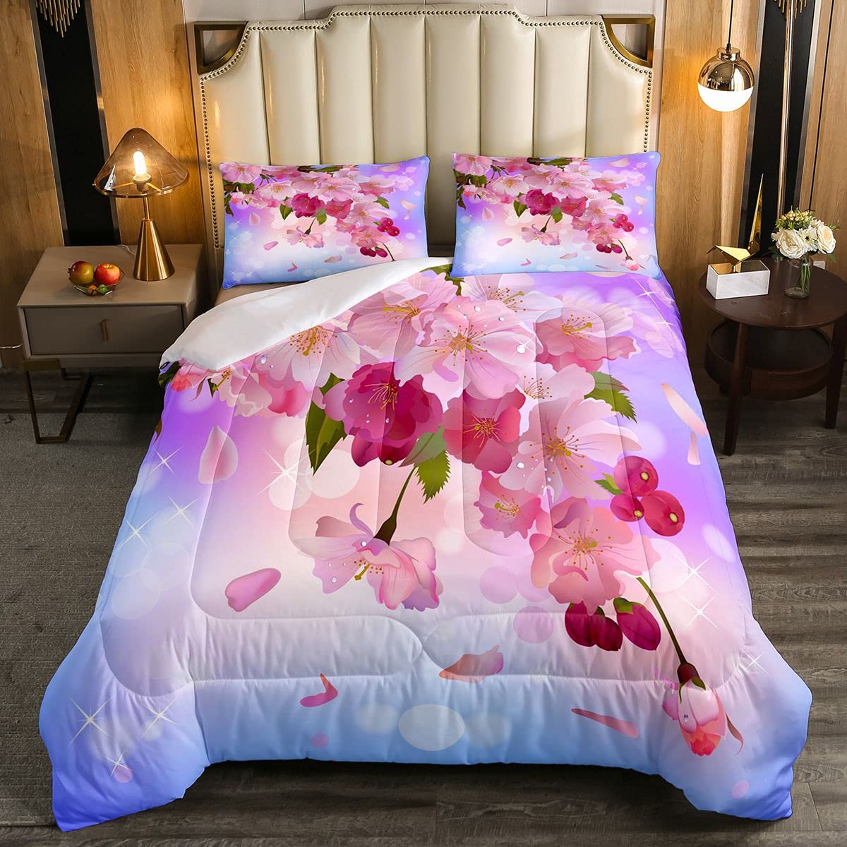 Floral Comforter Set for Girls - Full Size Blossom Flower Duvet Cover with Botanical Leaves, Breathable & Glitter Design, Bright Pink Bedding for Kids & Teens - Perfect for Bedroom Decor & Cozy Sleep