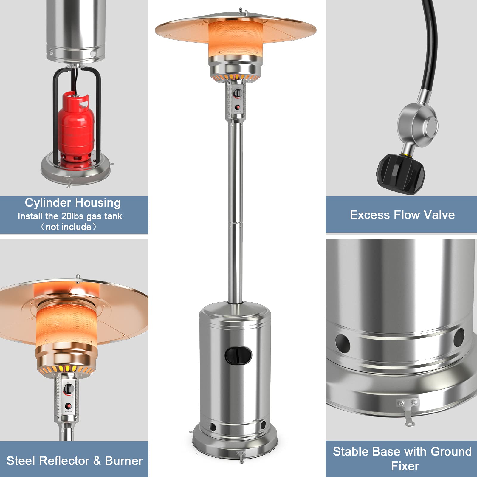 COSTWAY 50,000 BTU Outdoor Propane Patio Heater with Stainless Steel Burner & Wheels | Triple Protection System | Portable Standing Heater for Porch, Deck, Backyard, Restaurant & Commercial Use | Perfect for Outdoor Dining, Garden Parties & Patio Heating