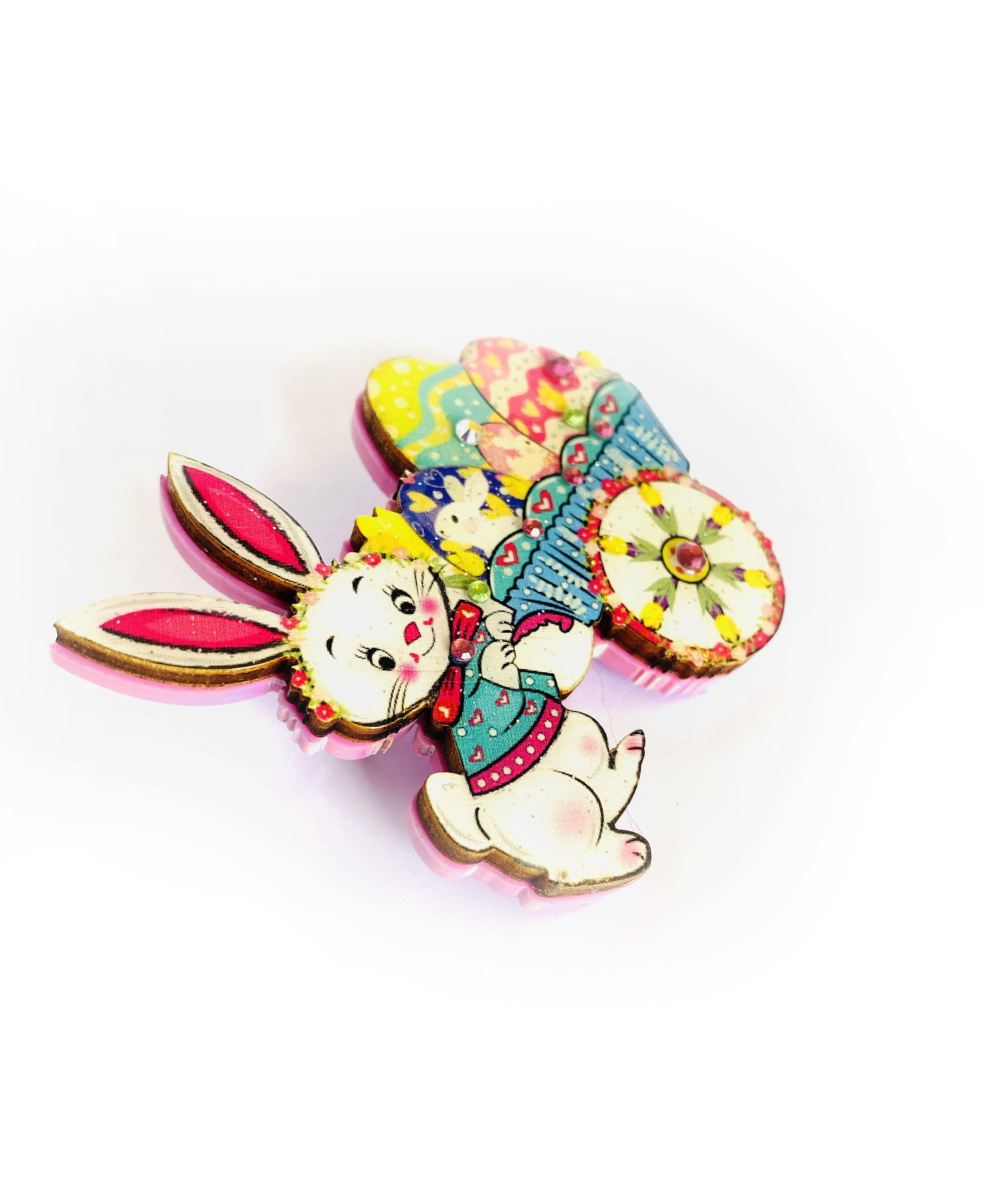 Benny Bunny Easter Egg Cart Brooch - Handmade Bunny Rabbit Pin by Rosie Rose Parker - Perfect for Easter Gifts, Spring Fashion & Collectible Jewelry