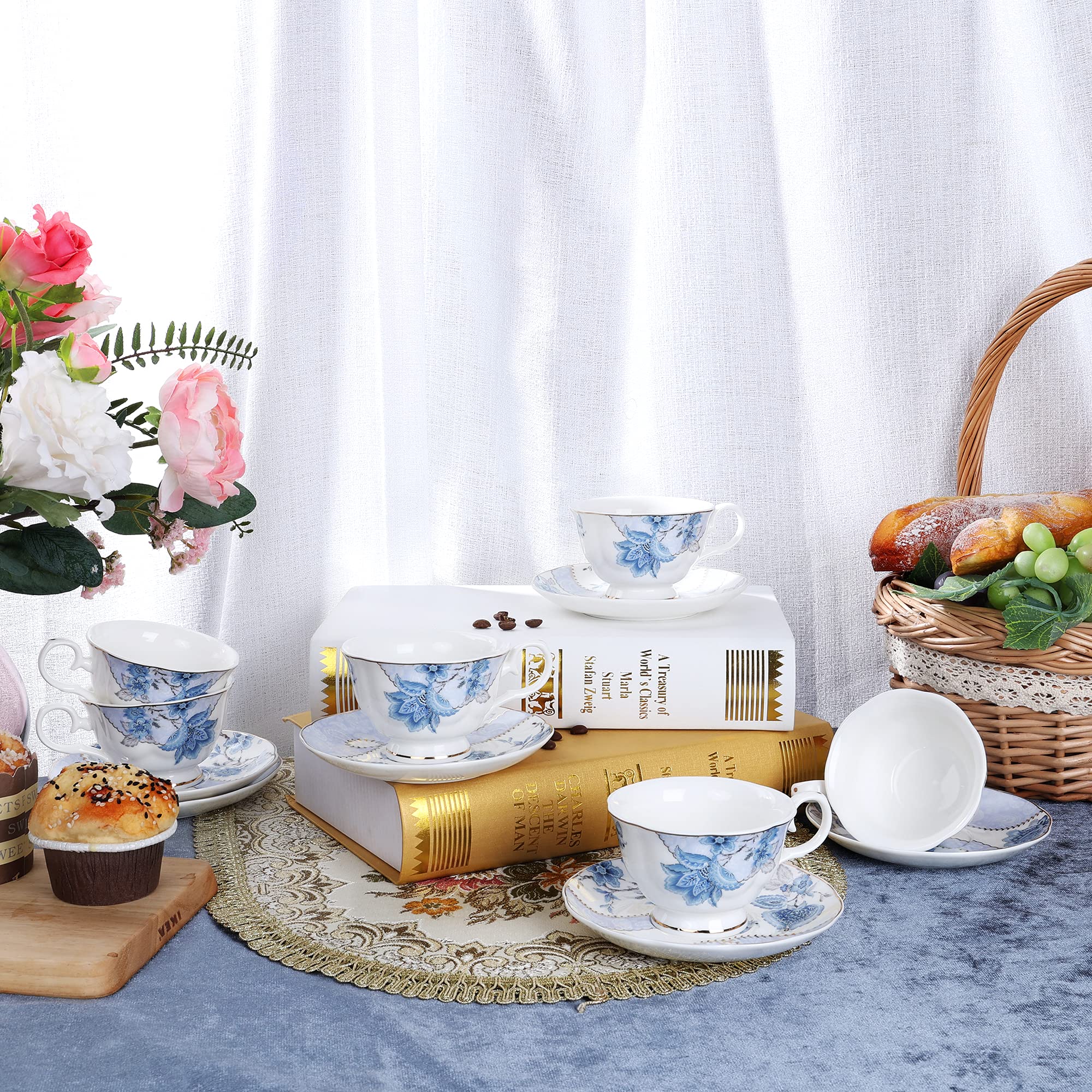 Fanquare Floral Coffee Cups Set of 6 (5 oz) - Porcelain Cappuccino Cups with Saucers, Elegant Tea Cups for Birthday, Wedding & Party - Blue - Perfect for Afternoon Tea, Coffee Breaks & Special Occasions