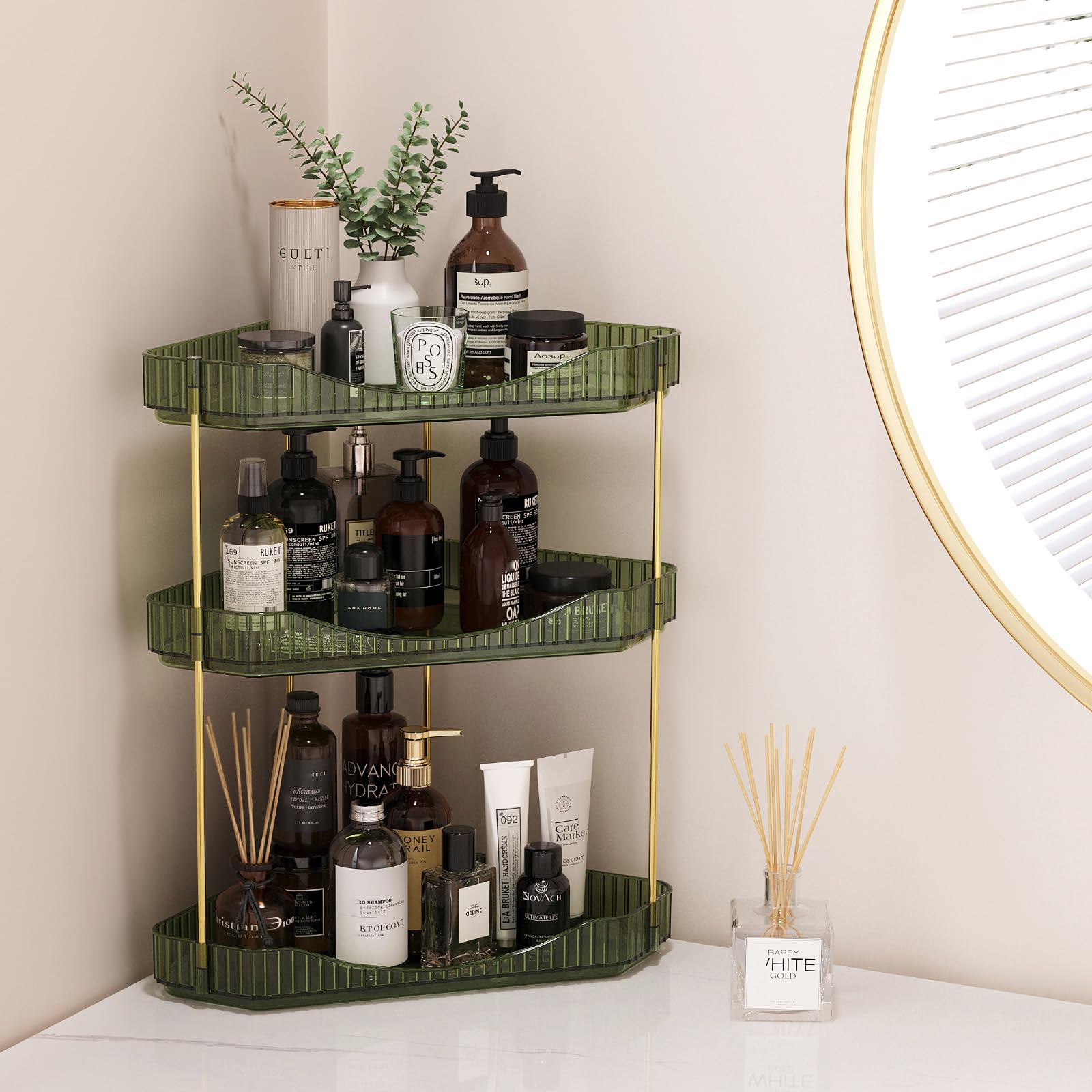 3-Tier Corner Bathroom Organizer - Plastic Makeup & Skincare Storage Shelf for Countertop, Sink Vanity - Perfect for Cosmetics, Perfumes in Bedroom, Dresser, Kitchen - Space-Saving Green Organizer for Bathroom & Home Decor