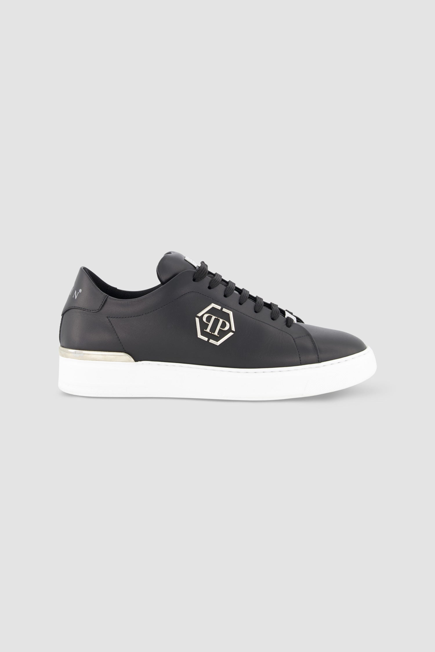 Philipp Plein Black Leather Hexagon Lo Top Sneakers for Men - Stylish Streetwear & Casual Wear for Everyday Outfits