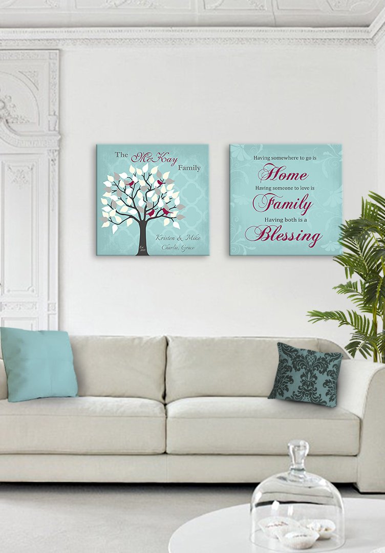 Custom Family Tree Canvas Art with Names & Date - Personalized Home Blessing Wall Decor - Unique Anniversary Gift Set of 2 (30x30 Inches, Aqua) - Perfect for Living Room, Bedroom & Housewarming Presents