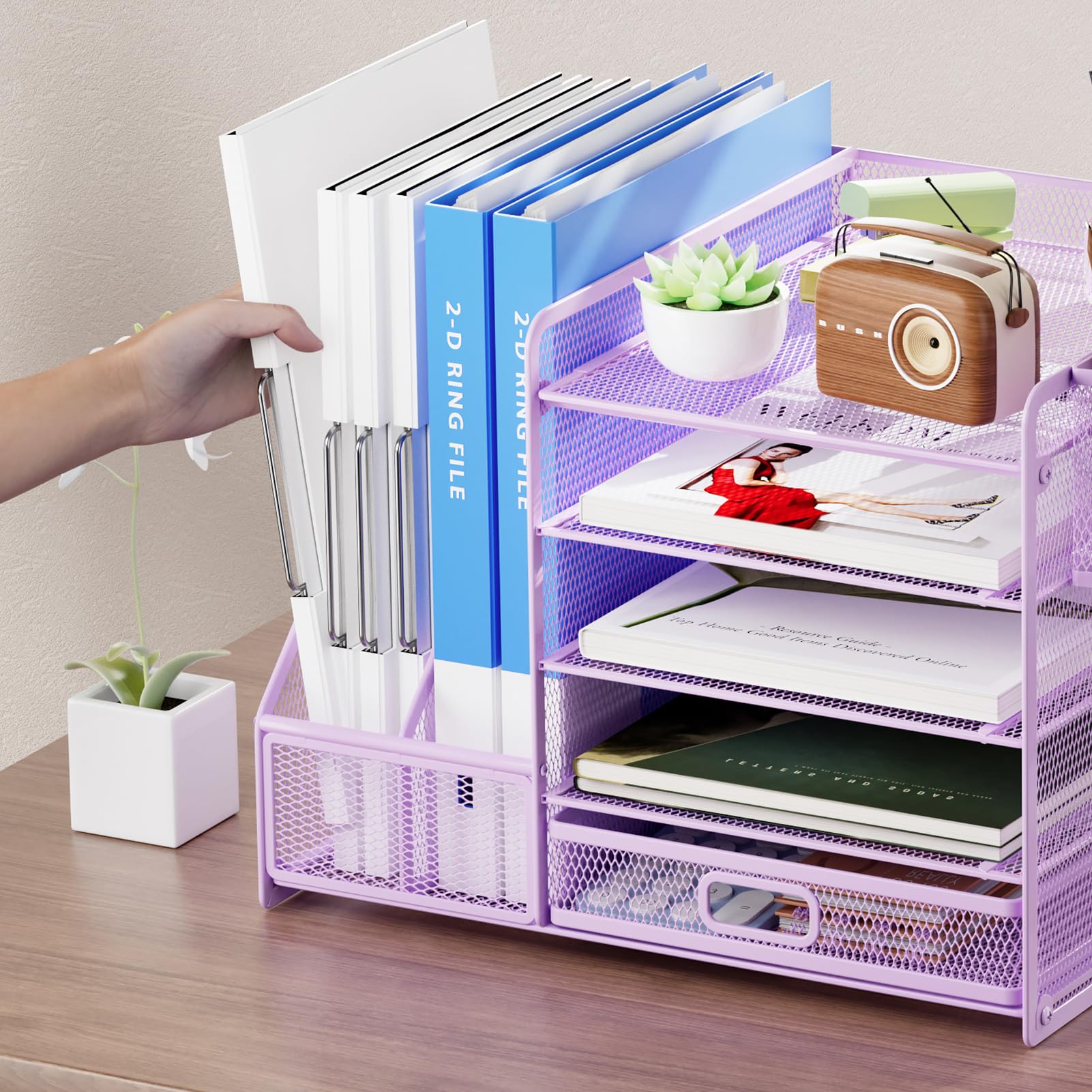5-Tier Mesh Desk Organizer with File Holder, Drawer & Pen Holders - Purple Office Paper Tray for Letters, Magazines & Supplies | Perfect for Home Office, School & Workspace Organization