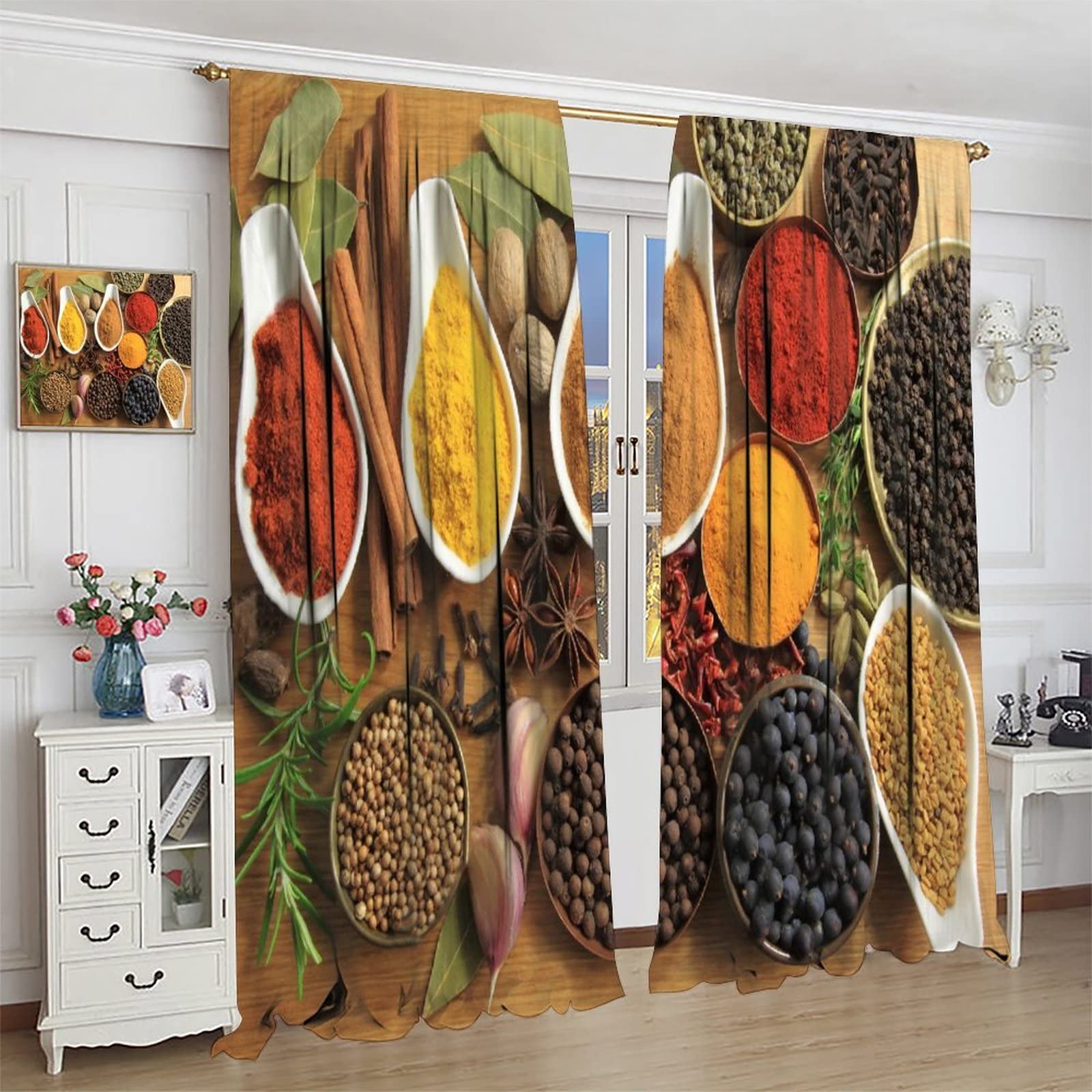 Spice Kitchen Blackout Curtains - Food Ingredients Herbs & Spices Culinary Print Window Drapes (72x63 Inches) for Living Room & Bedroom Decor - Perfect for Home, Office & Restaurant Use