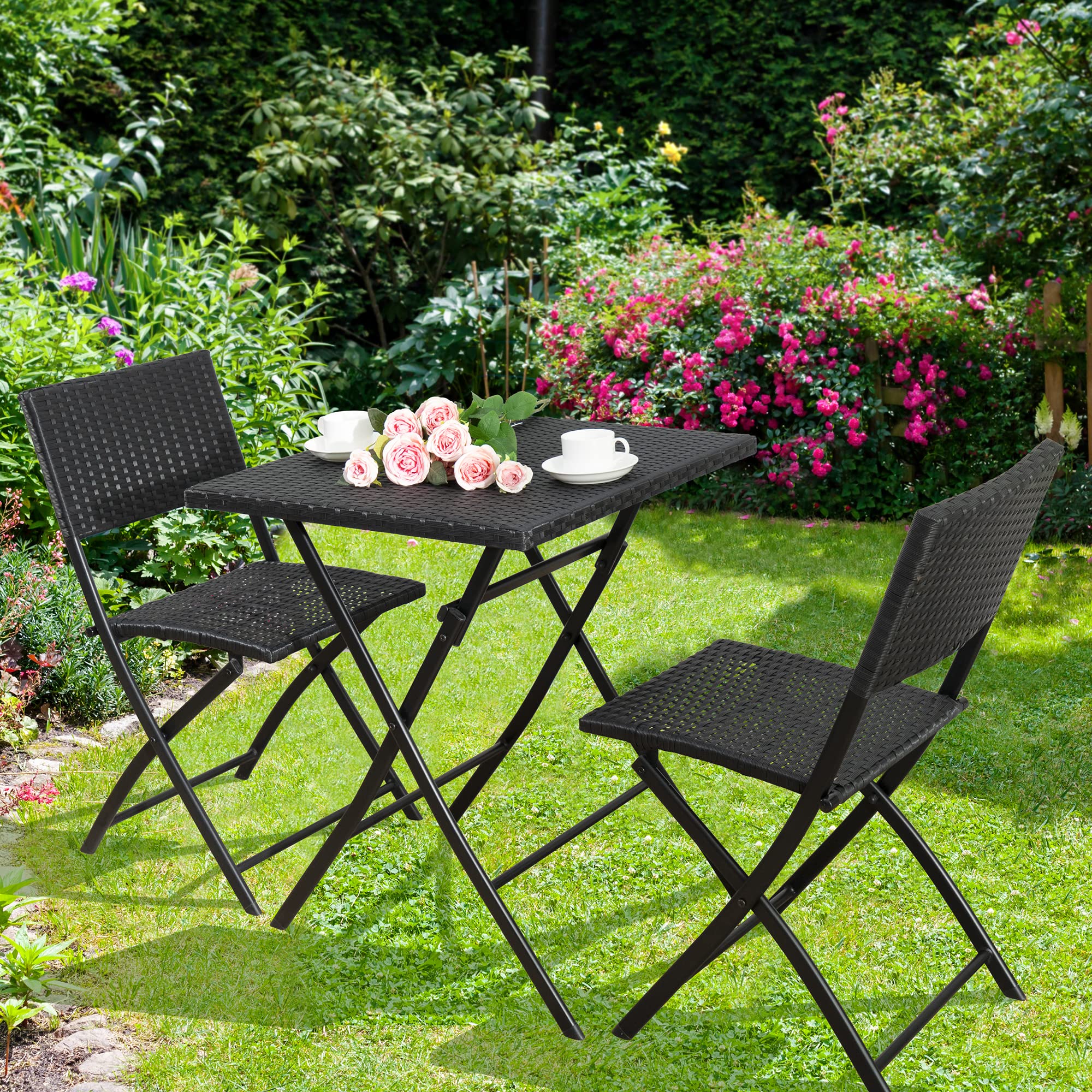Cozy Castle 3-Piece Outdoor Patio Furniture Set - All-Weather Wicker Bistro Table & Chairs for Small Spaces - No Assembly Needed (Black) - Perfect for Balconies, Decks & Garden Relaxation