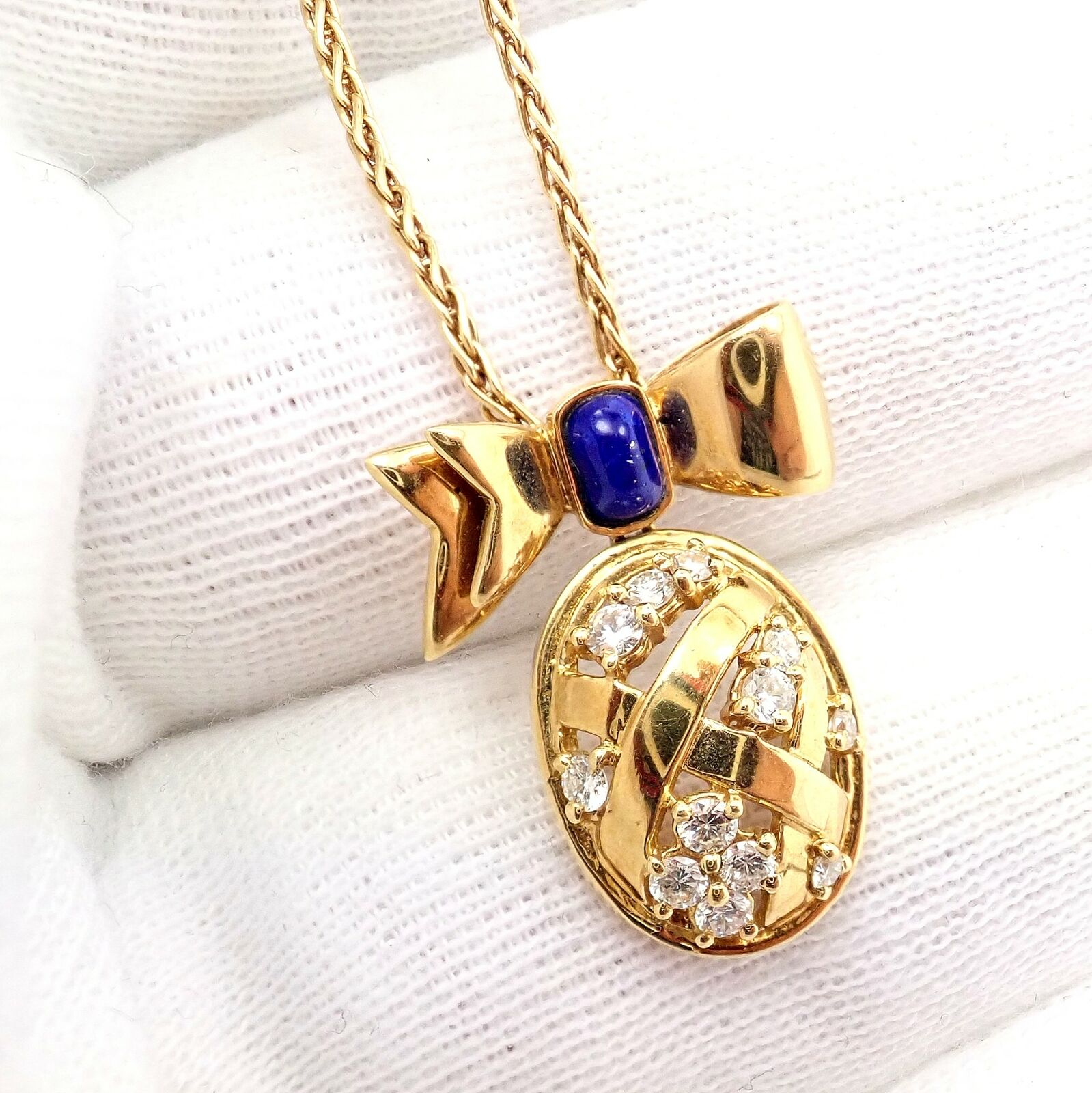Authentic Christian Dior 18k Yellow Gold Lapis Diamond Egg Pendant Necklace - Luxury Jewelry Gift for Women, Perfect for Weddings & Special Occasions