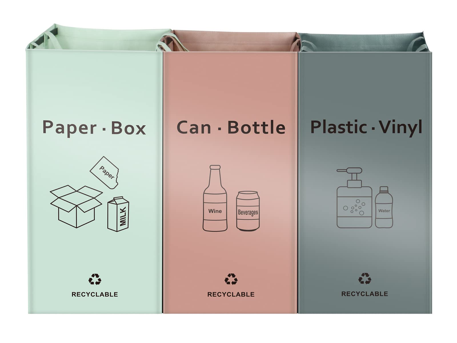 Eco-Friendly 42 Gallon Recycling Bin Bags for Kitchen & Home - Reusable Waterproof Trash Sorting Organizer (Pink, Green, Gray, Pack of 3) | Perfect for Waste Management, Composting & Sustainable Living
