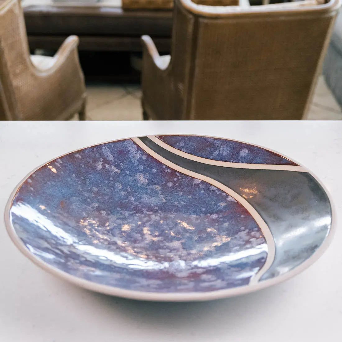 XXL Gray Stoneware Bowl and Platter Set - Pewter, Blues, Purples & Creams Water Gun Design (Creative Collection) | Perfect for Serving, Entertaining & Home Decor