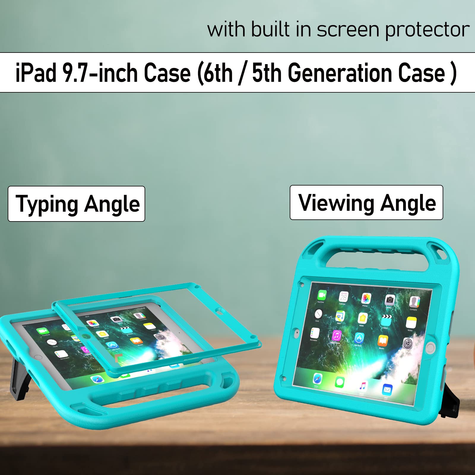 LTROP Shockproof Kids iPad Case for iPad 6th/5th Generation & Air 2 (9.7 Inch 2018/2017 Models) - Built-in Screen Protector, Handle Stand - Teal Blue | Perfect for Home Learning, Travel & Playtime Protection