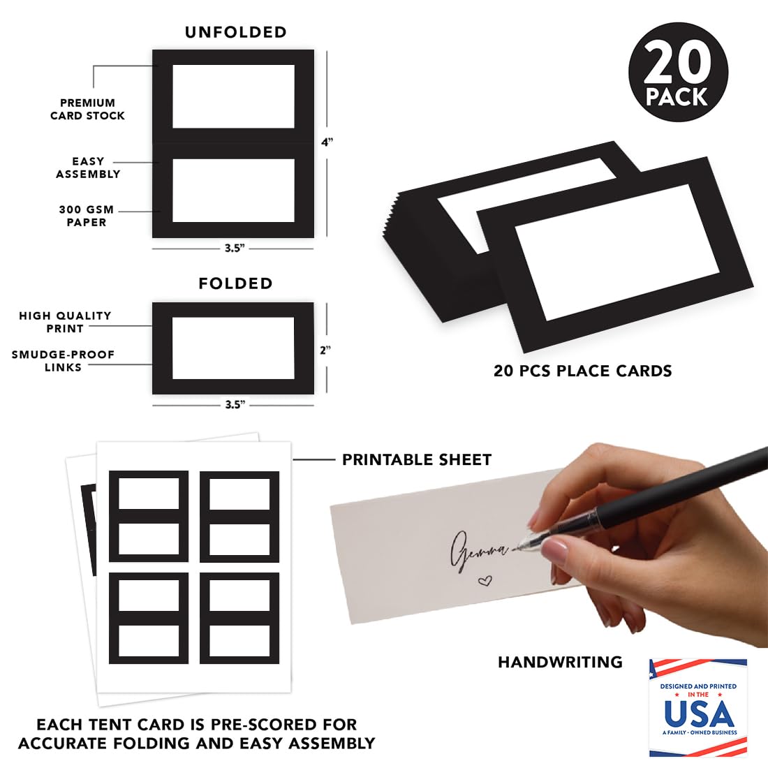 Andaz Press Printable Table Tent Place Cards - 20-Pack Formal Black & White Blank Name Cards for Wedding, Baby Shower, Graduation | Perfect for Seat Placements, Table Settings & Food Labeling at Events