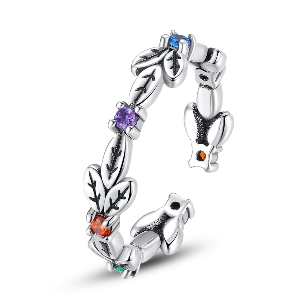 TINSLO 925 Sterling Silver Stackable Rings Set - Cute Cat, Cross & Colorful Cubic Zirconia Adjustable Rings for Women | Perfect Gift for Girlfriend, Birthday, Anniversary | Stackable Open Finger Rings for Everyday Wear & Special Occasions