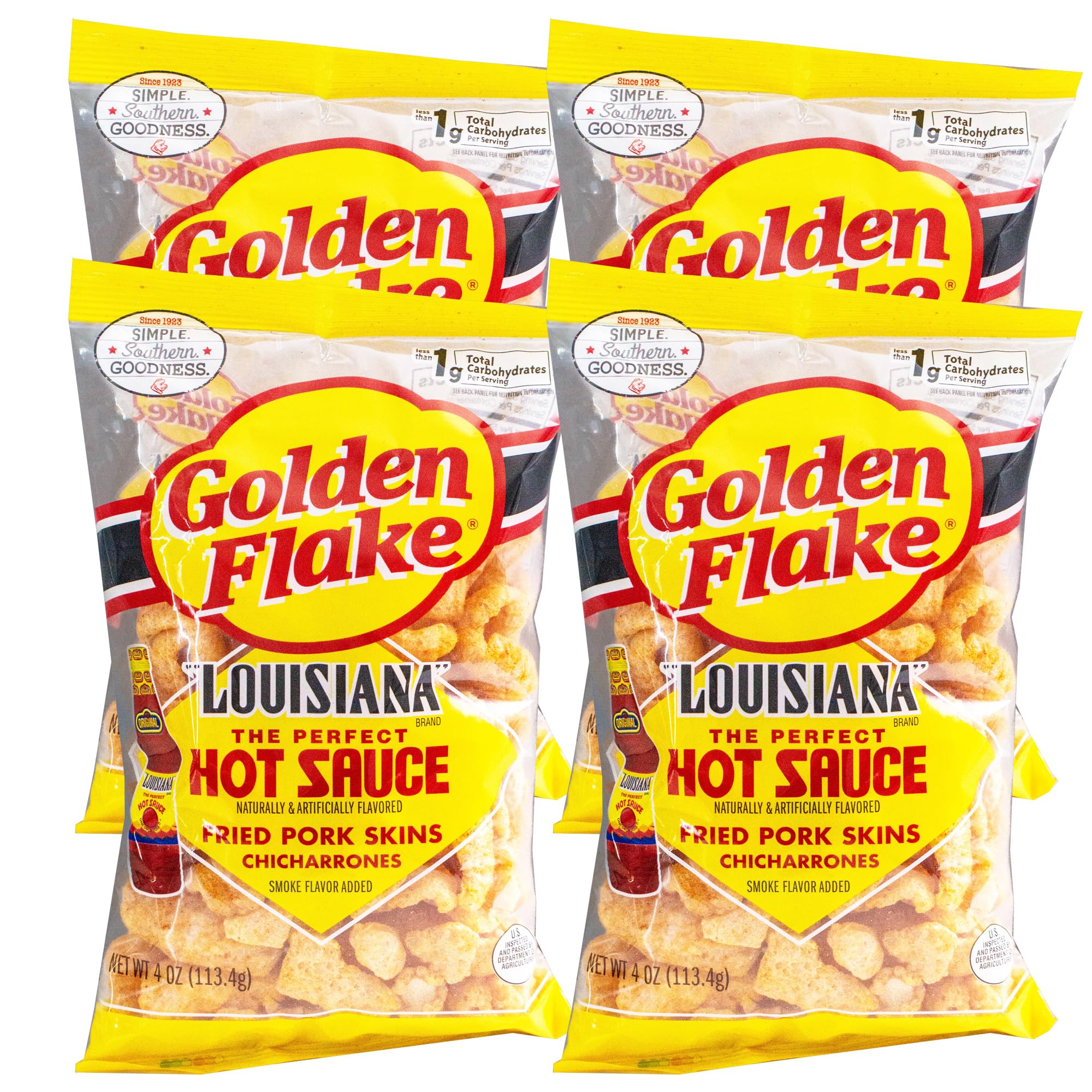 Utz Golden Flake Louisiana Hot Sauce Chicharrones - Crispy Hot Fried Pork Skins (4 Pack, 4oz Bags) - Spicy Snack for Parties, Game Day & Keto Diet