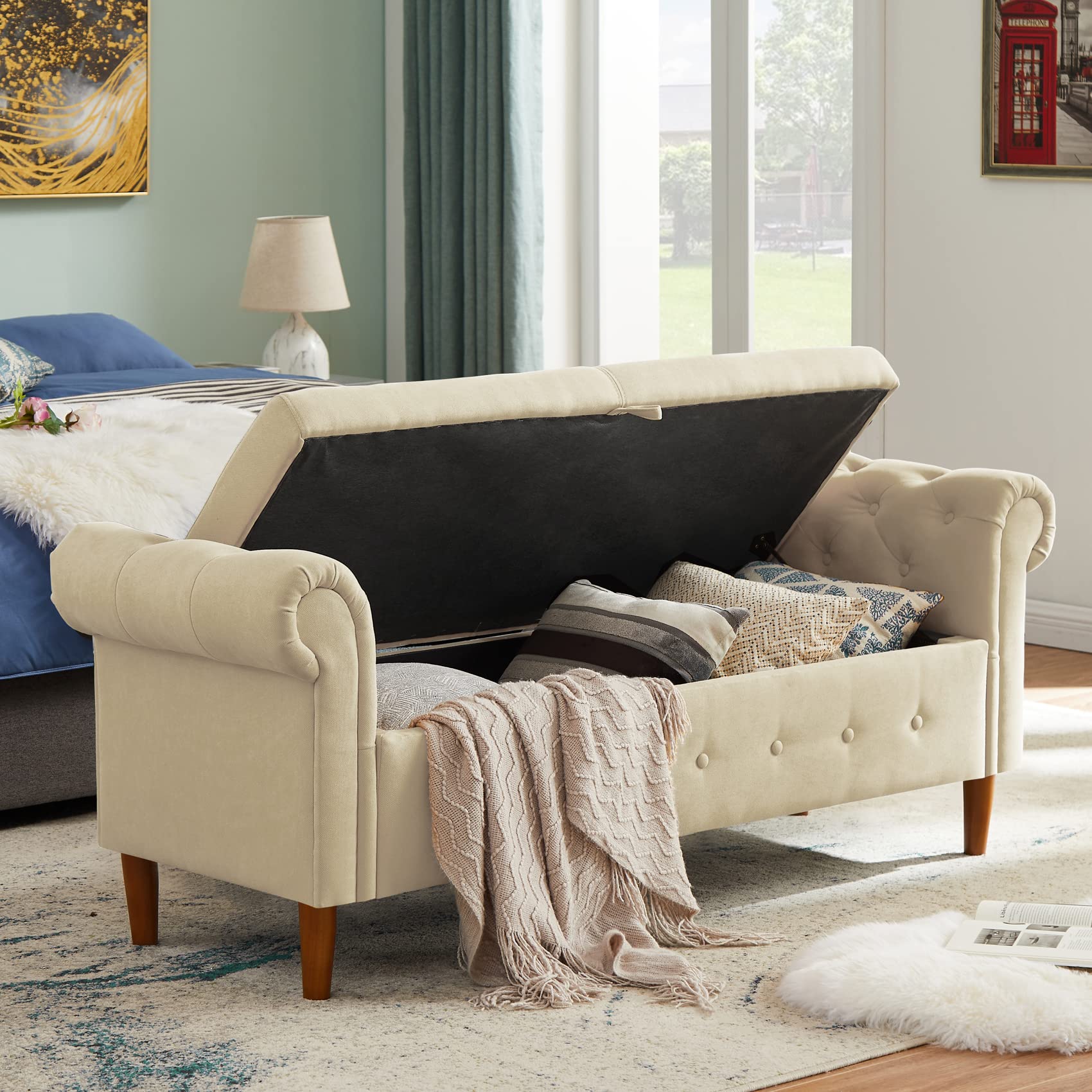 Aoowow Storage Bench with Rolled Arms - Linen Fabric Ottoman for Bedroom, End of Bed, Window Seat, or Fireplace - Beige Toy Storage Bench for Living Room, Nursery, or Entryway
