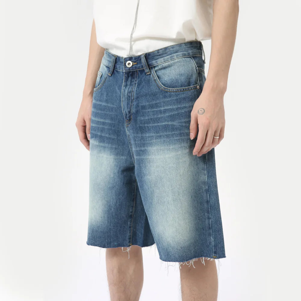 American Style Men's Denim Shorts - Casual Distressed Straight Fit Wide Leg Loose Summer Shorts for Men | Trendy Streetwear & Beach Outfit | Model 9C6318