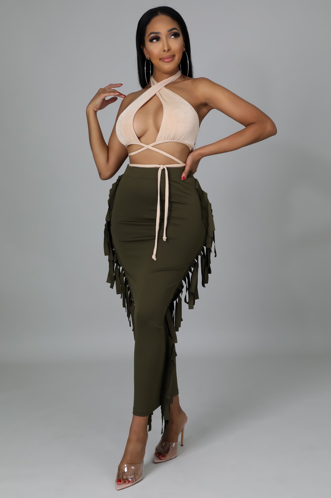 Camala Skirt in Olive Green - Women's A-Line Midi Skirt for Casual Wear, Office & Spring Outfits