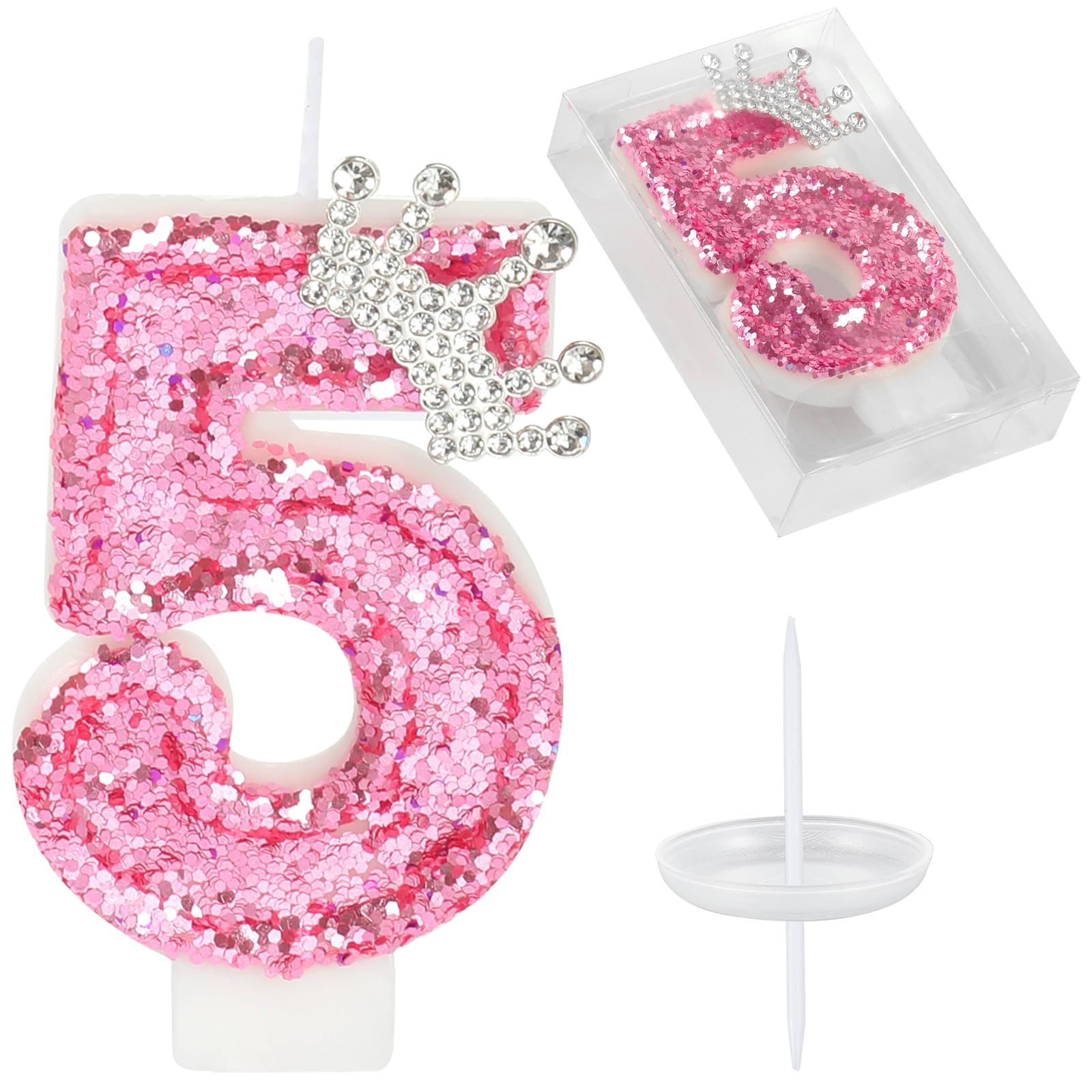 Pink Crown Number 5 Candle - Glitter Cake Topper for Birthday & Anniversary Celebrations