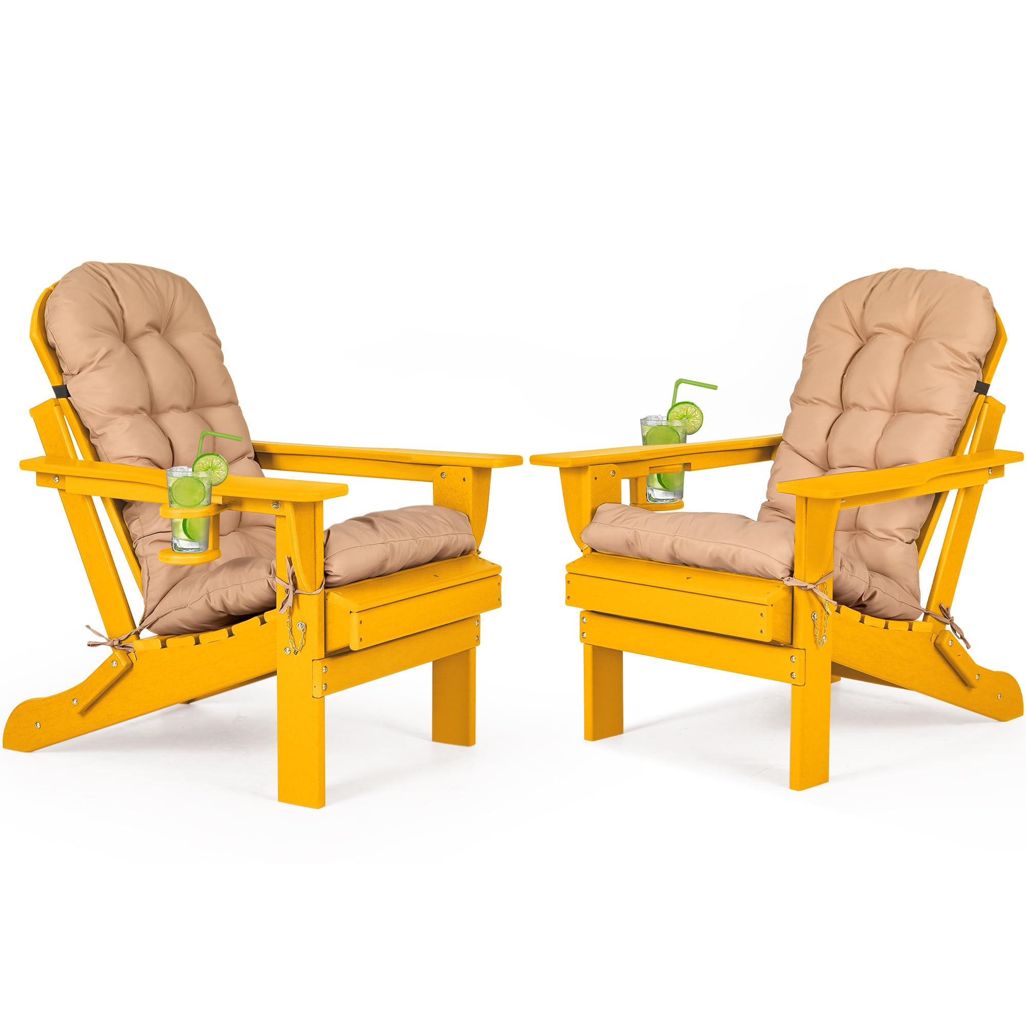 nalone Folding Adirondack Chairs Set of 2 with Cushion & Cup Holder - HDPE Plastic Oversized Patio Chairs, Weather Resistant Outdoor Furniture for Garden, Deck, Fire Pit, Camping & Backyard Relaxation (Orange)