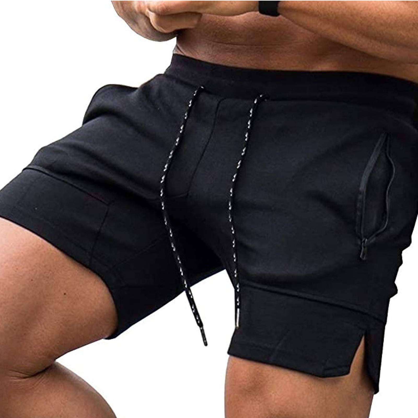 **Men's Workout Shorts with Zip Pocket - Athletic Running Jogging Fitness Training Pants for Summer - Black - Perfect for Gym, Outdoor Sports & Casual Wear**