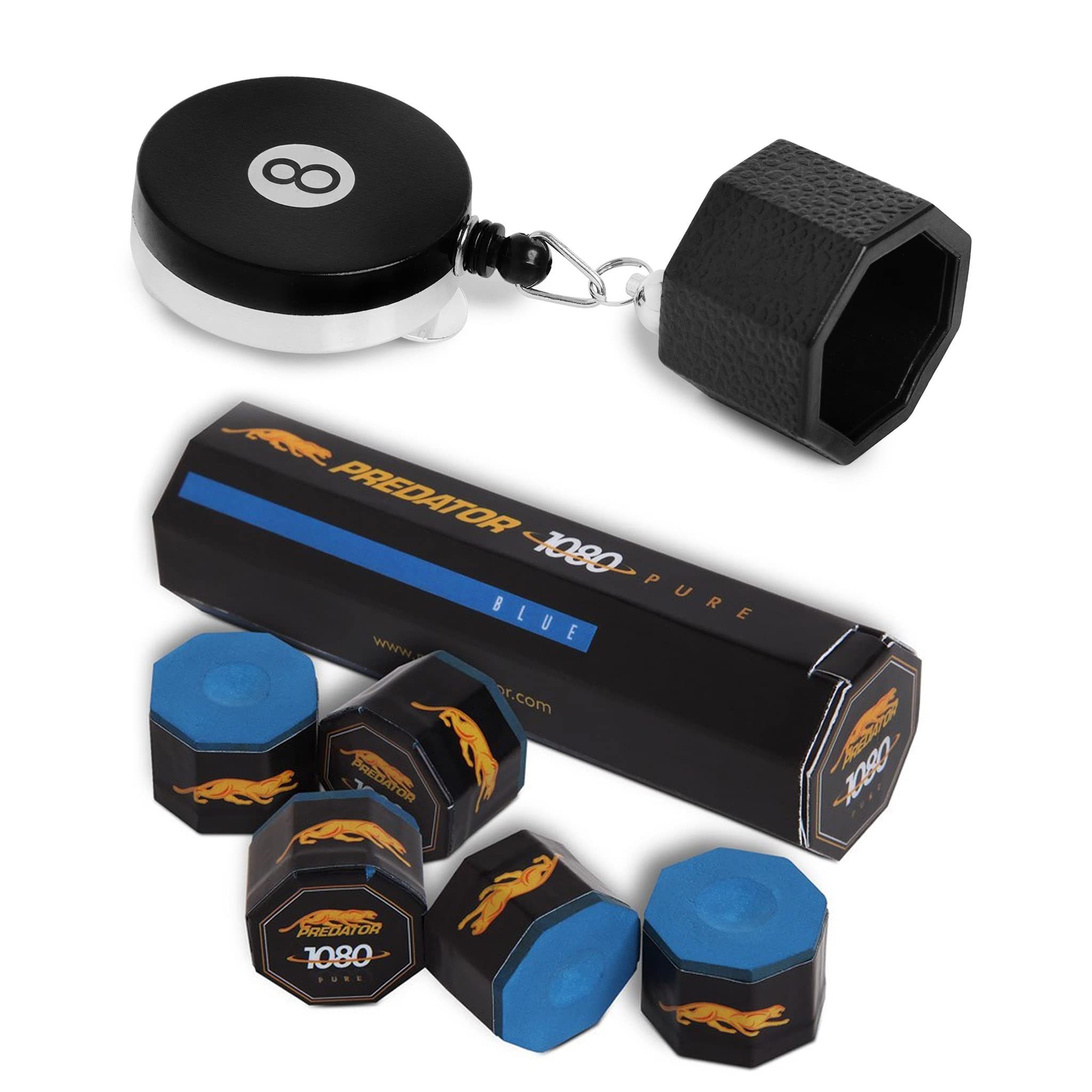 OKKO Retractable Octagon 8-Ball Billiard Pool Cue Chalk Holder with Belt Clip - Black | Includes 1 Tube/5pcs Predator Chalk | Perfect for Pool Players & Bar Game Enthusiasts