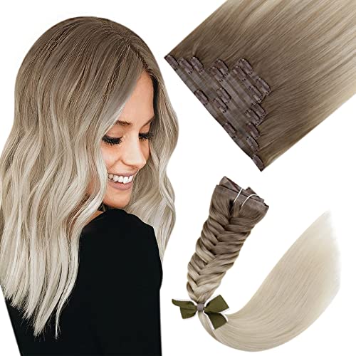 Easyouth 18Inch Clip in Hair Extensions - 100% Real Human Hair, Balayage Color (8 Ash Brown to 60 Platinum Blonde), PU Weft, 100g/7pcs - Perfect for Daily Styling, Parties & Special Occasions