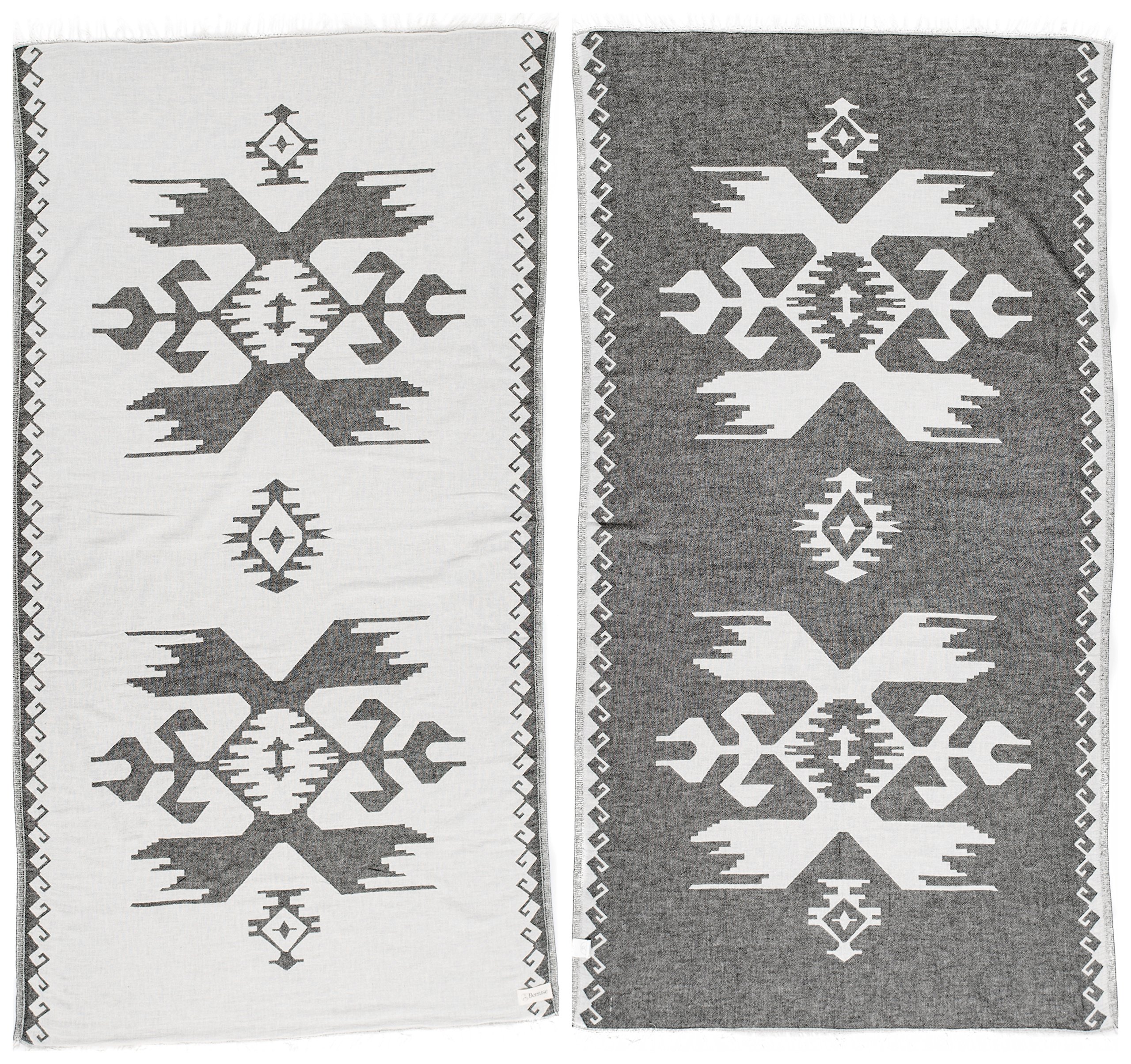 Bersuse 100% Cotton Oaxaca Turkish Towel - Ultra Absorbent Beach Towel, Bath Towel & Dual Layer Peshtemal Blanket - 37x70 Inches (Set of 3, Black) - Perfect for Pool, Spa, Travel & Yoga