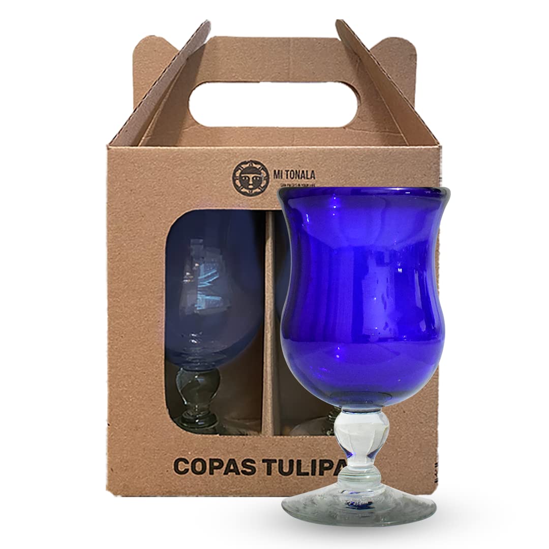 Handmade Cobalt Blue Blown Glass Tulip Goblet - Elegant Wine Glass for Fine Dining, Wedding Decor & Home Bar Accessories