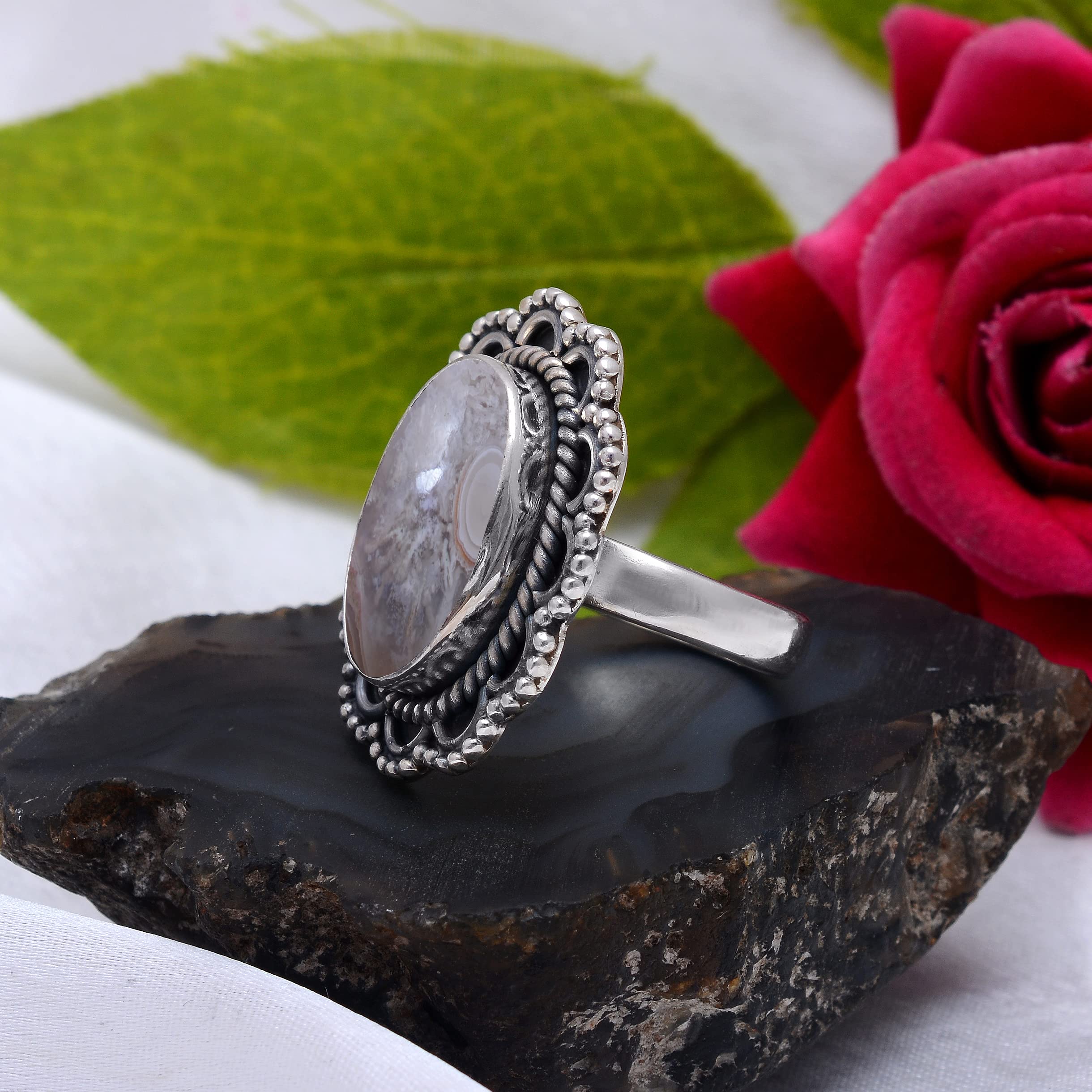 Veracity Jewelry Crazy Lace Agate Rings for Women - 925 Sterling Silver Healing Meditation Jewelry with Natural Brown White Gemstone - Elegant Gift for Wife, Mother, Sister - Perfect for Spiritual Healing, Yoga, Meditation & Everyday Wear
