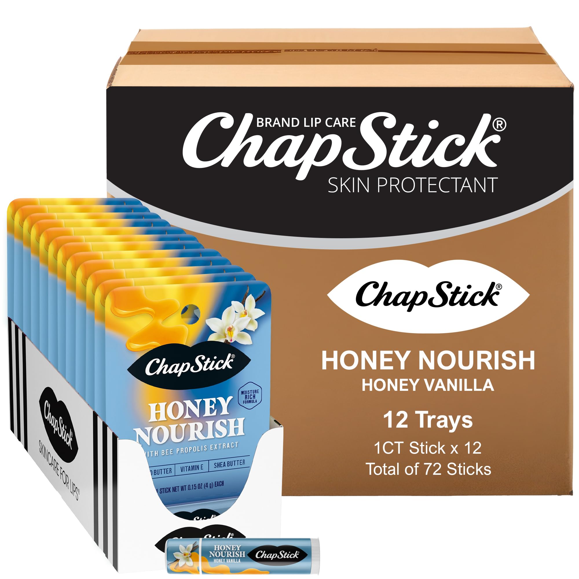 Honey Vanilla Lip Balm Bulk 72 Pack - Moisturizing with Shea Butter & Vitamin E for Dry Lips Care