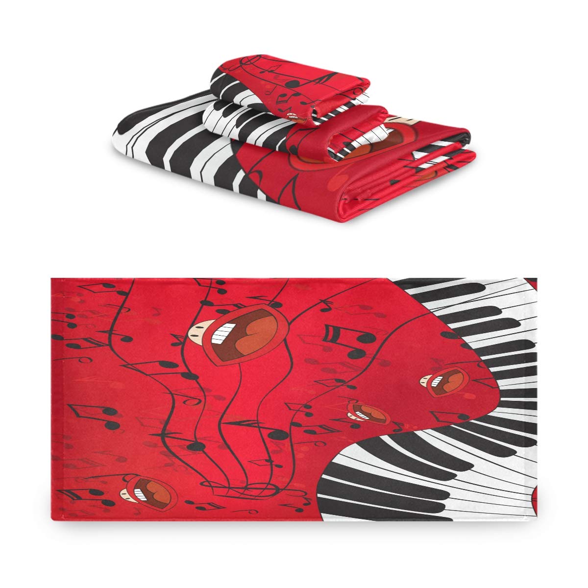 3-Piece Music Themed Towel Set - Piano Keys & Musical Notes Design (Bath Towel, Hand Towel, Washcloth) for Bathroom, Hotel, Spa & Kitchen Decor
