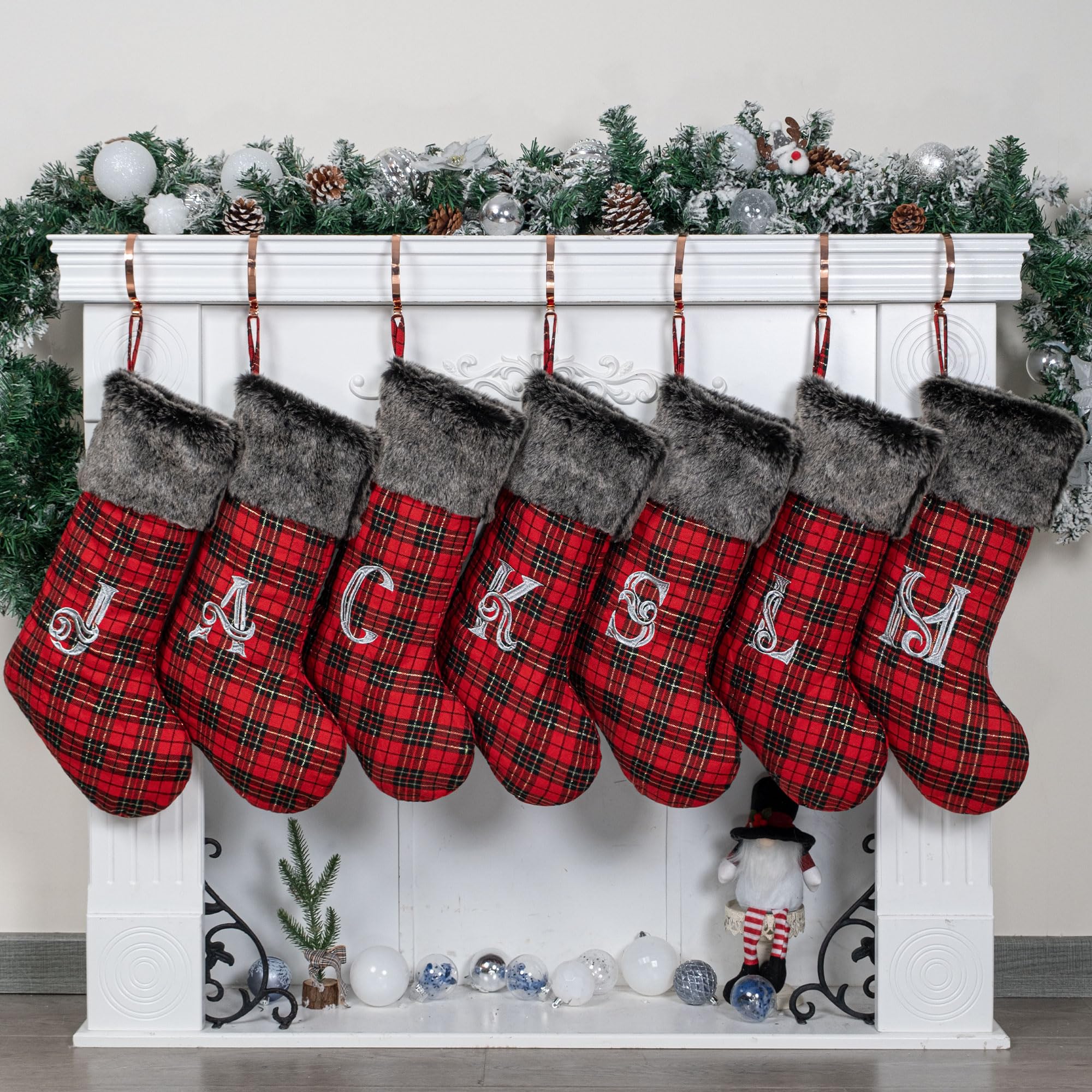 JEKOSEN Red Plaid Christmas Stockings with Embroidered Initials - Personalized Holiday Stockings with Faux Fur Cuff for Fireplace Decor - Perfect for Christmas Gifts, Family Traditions & Festive Home Decor (1 Pack)
