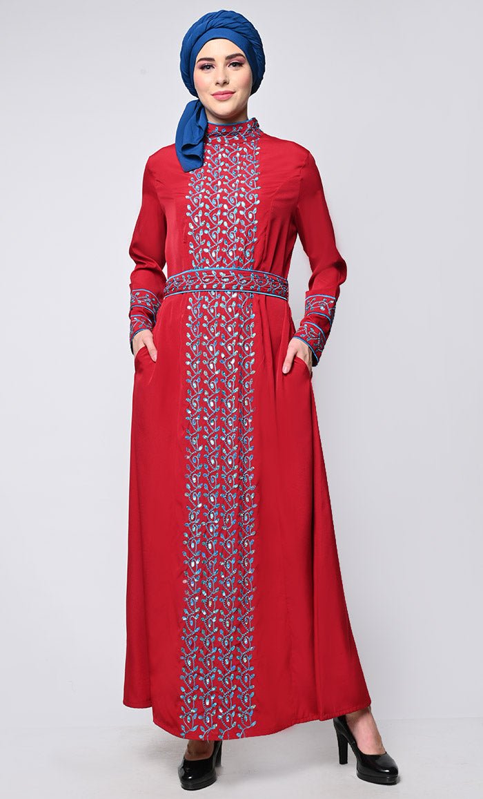Elegant Red Embellished Abaya with Sequins & Stone Belt - Perfect for Weddings, Parties & Special Occasions