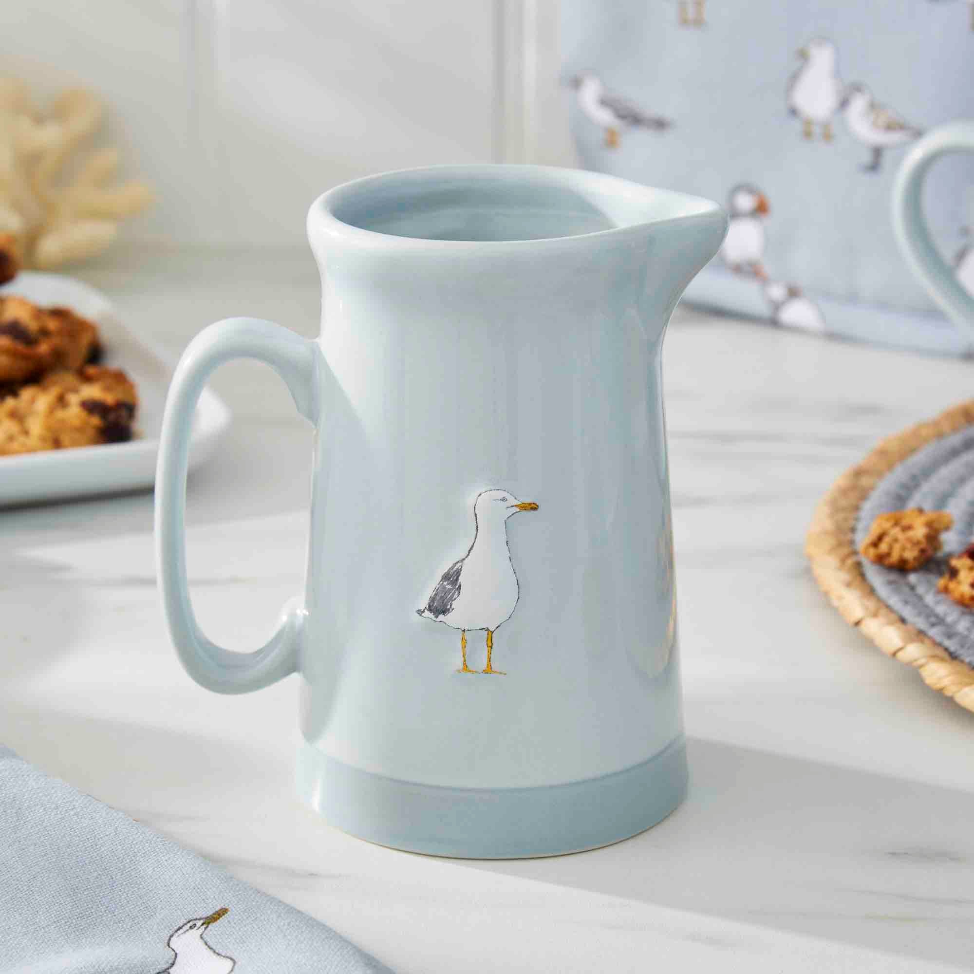 Coastal Birds Small Ceramic Jug - Handmade Decorative Pitcher for Coffee, Tea & Milk | Perfect for Beach House, Kitchen & Gift Giving