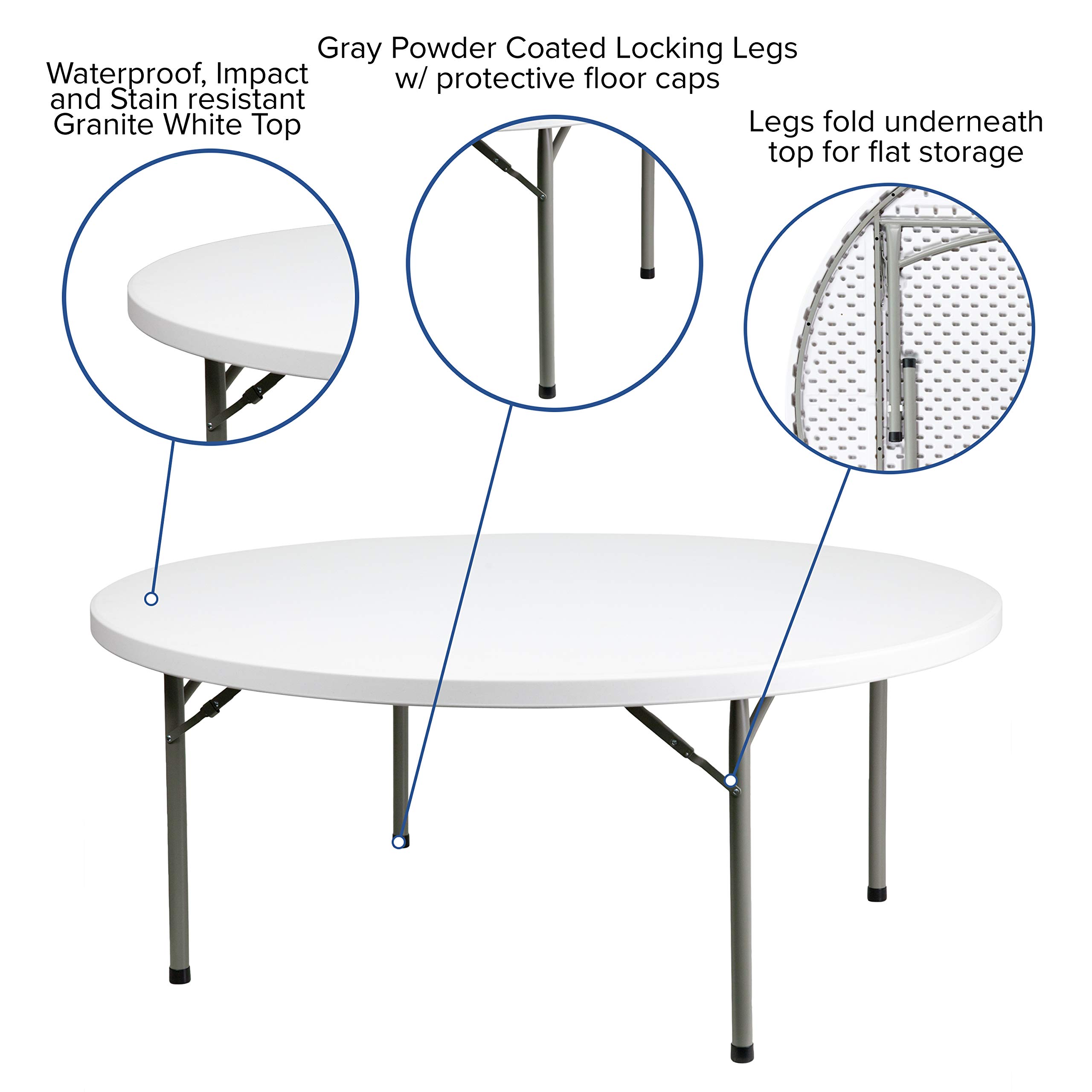 Flash Furniture Elon 6-Foot Round Plastic Folding Table - Portable Banquet Table for Parties, Events & Gatherings - Indoor/Outdoor Use - White | Perfect for Weddings, Picnics, BBQs & Tailgating