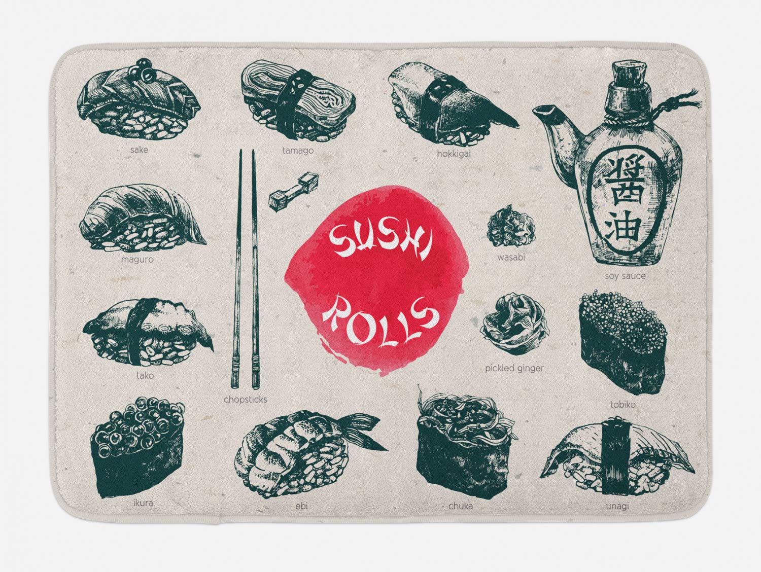 Ambesonne Non-Slip Sushi Print Bath Mat - Japanese Culture Chopsticks Design, Plush Bathroom Decor with Anti-Skid Backing, 30.2 x 20 Inches, Coconut Dark Coral - Perfect for Bathroom, Kitchen, or Dorm Decor