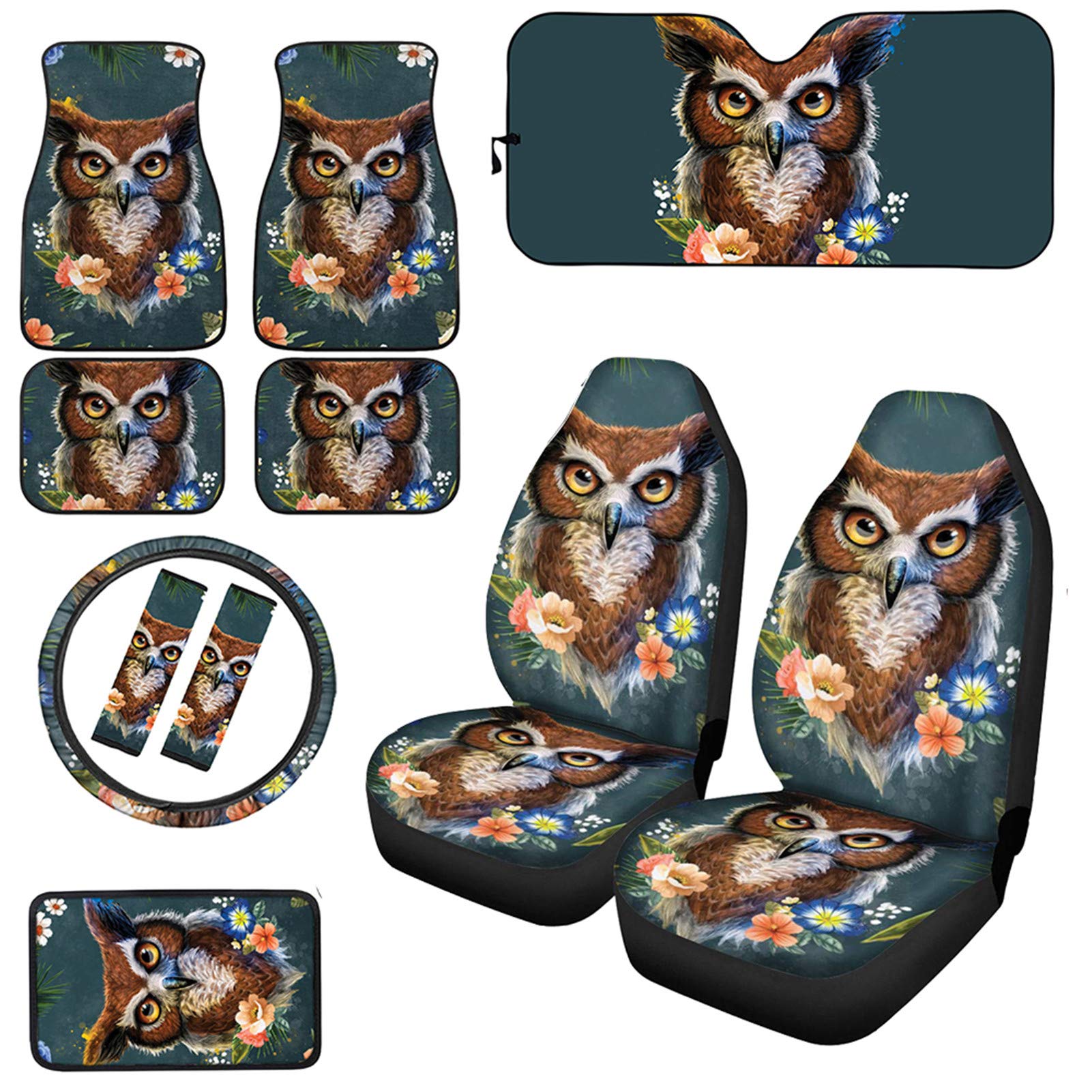 Universal Owl-Themed Car Accessories Set - Seat Covers, Floor Mats, Sun Shade, Steering Wheel & Armrest Covers with Seat Belt Pads - Perfect for Car Interior Decoration & Comfort Enhancement