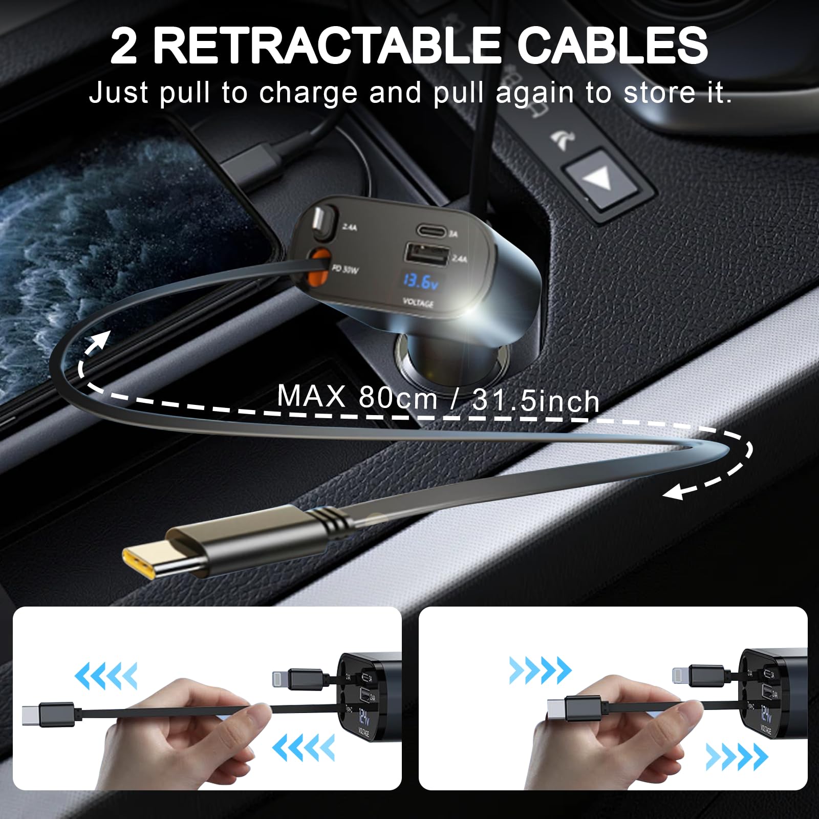 4-in-1 Retractable Fast Car Charger 30W - Dual USB-C Car Phone Charger Adapter for iPhone 16/15/14/13/12/Pro Max, iPad, Samsung Galaxy S25/S24/S23, MacBook & Laptops - Perfect for Road Trips & Commuting (Black)