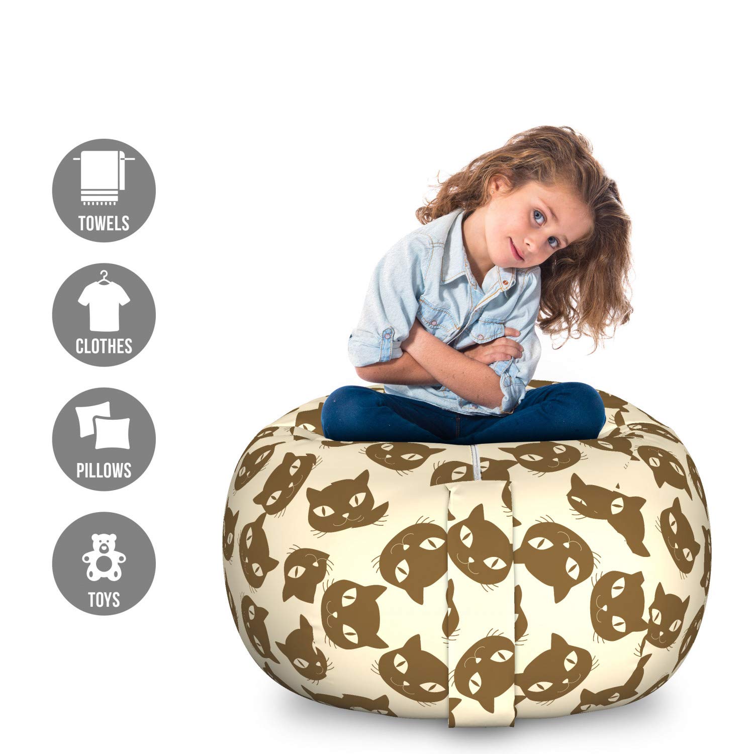 Ambesonne Kitten Storage Toy Bag Chair - Large Washable Stuffed Animal Organizer with Cat Portrait Design | Perfect for Kids' Room, Nursery Decor & Pet Toy Storage (Champagne Chocolate)